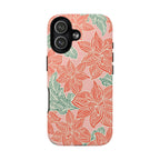 Hibiscus Coral MagSafe iPhone 17 Glossy Case — blush pink hard case with large-scale coral red hibiscus flowers and teal-green leaves in a bold botanical linework print, densely layered across the surface