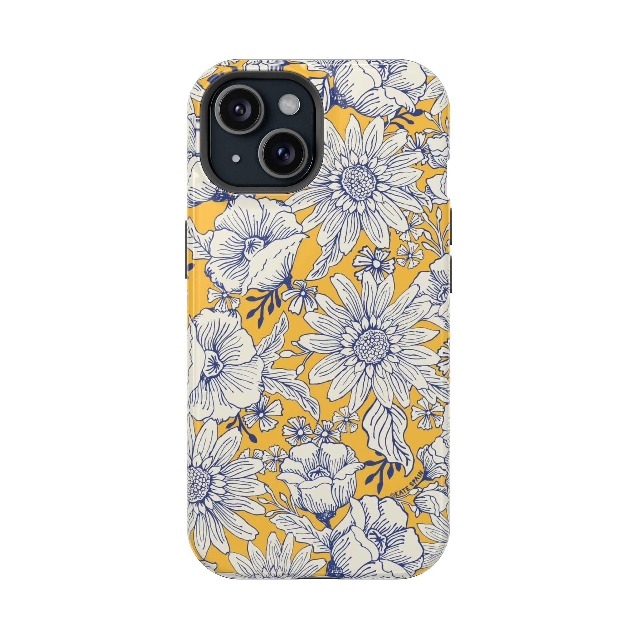 Jardin Luxury MagSafe iPhone 15 Case – Glossy | yellow, cream, blue botanical floral print