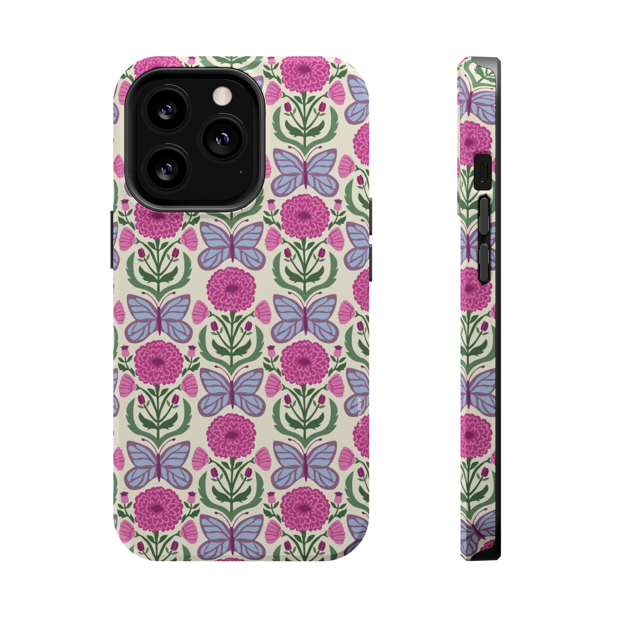 Butterfly MagSafe iPhone 13 Pro Case – Glossy | cream, magenta, periwinkle butterfly floral print
