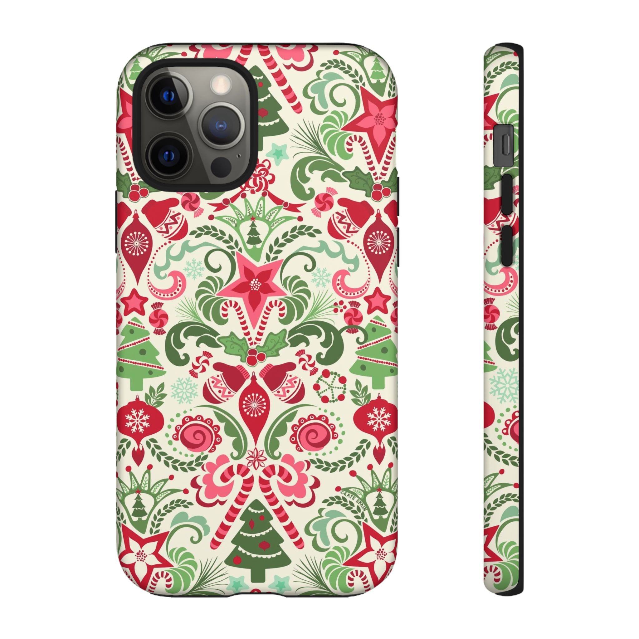 Wonderland Tough iPhone 12 Pro Case – Matte | cream, red, green Christmas ornament damask print