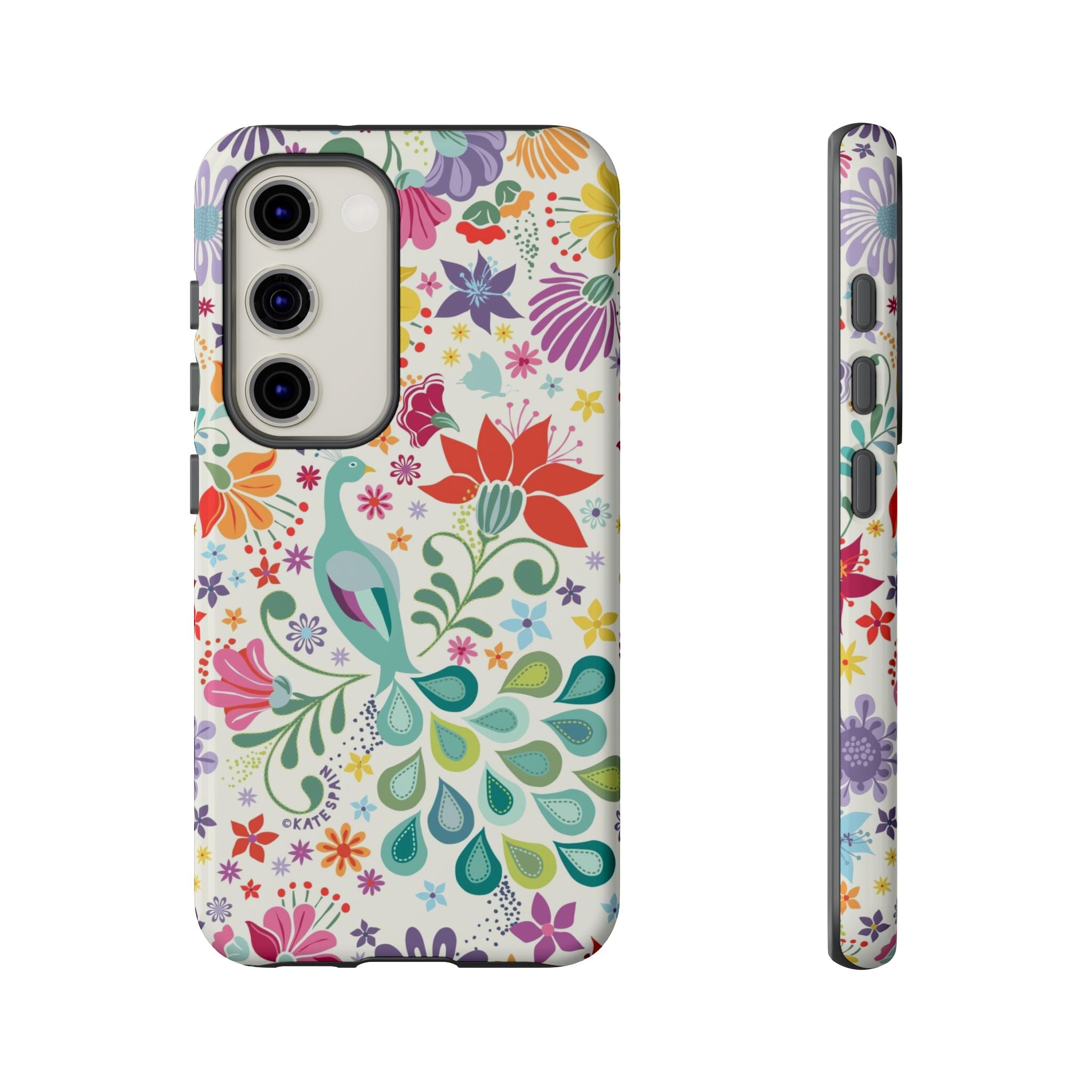 Luxury Peacock Sanctuary Samsung Galaxy S23 Case – Glossy | white, teal, coral multicolor vibrant peacock feather botanical print