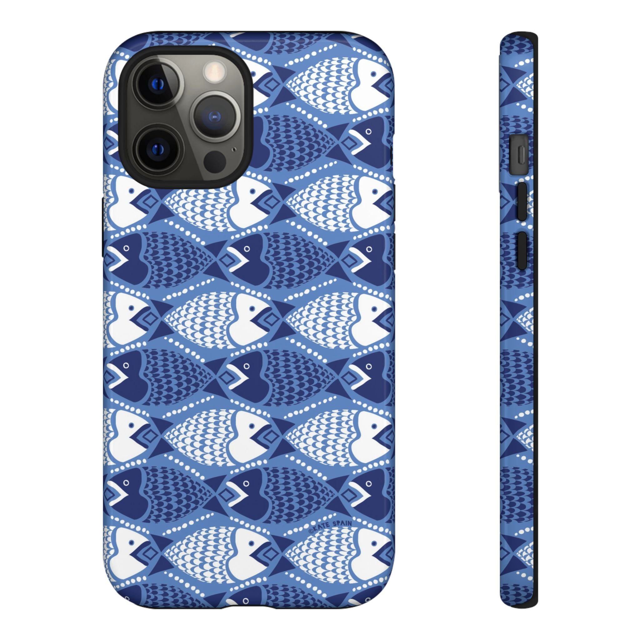 Catch of the Day Tough iPhone 12 Pro Max Case – Glossy | navy, blue, white geometric fish print