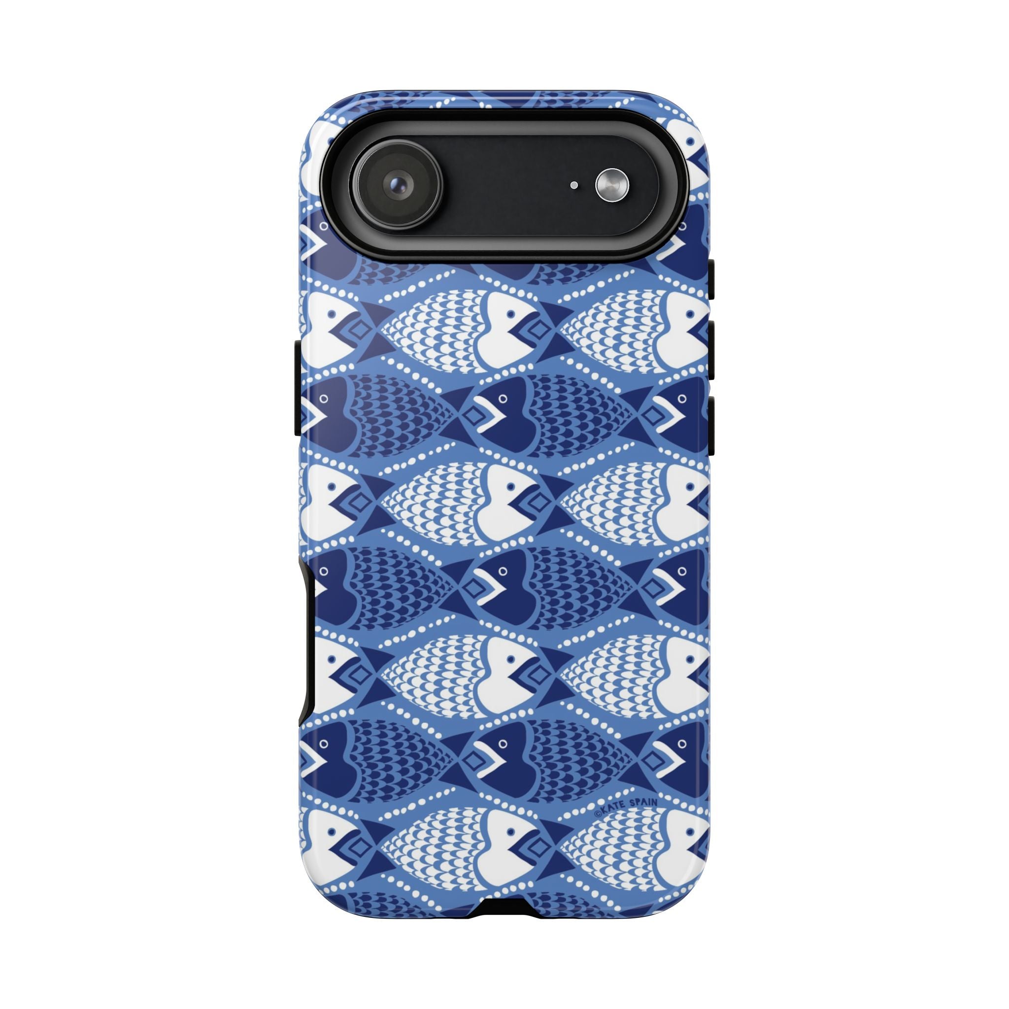 Catch of the Day Tough iPhone 17 Air Case – Glossy | navy, blue, white geometric fish print