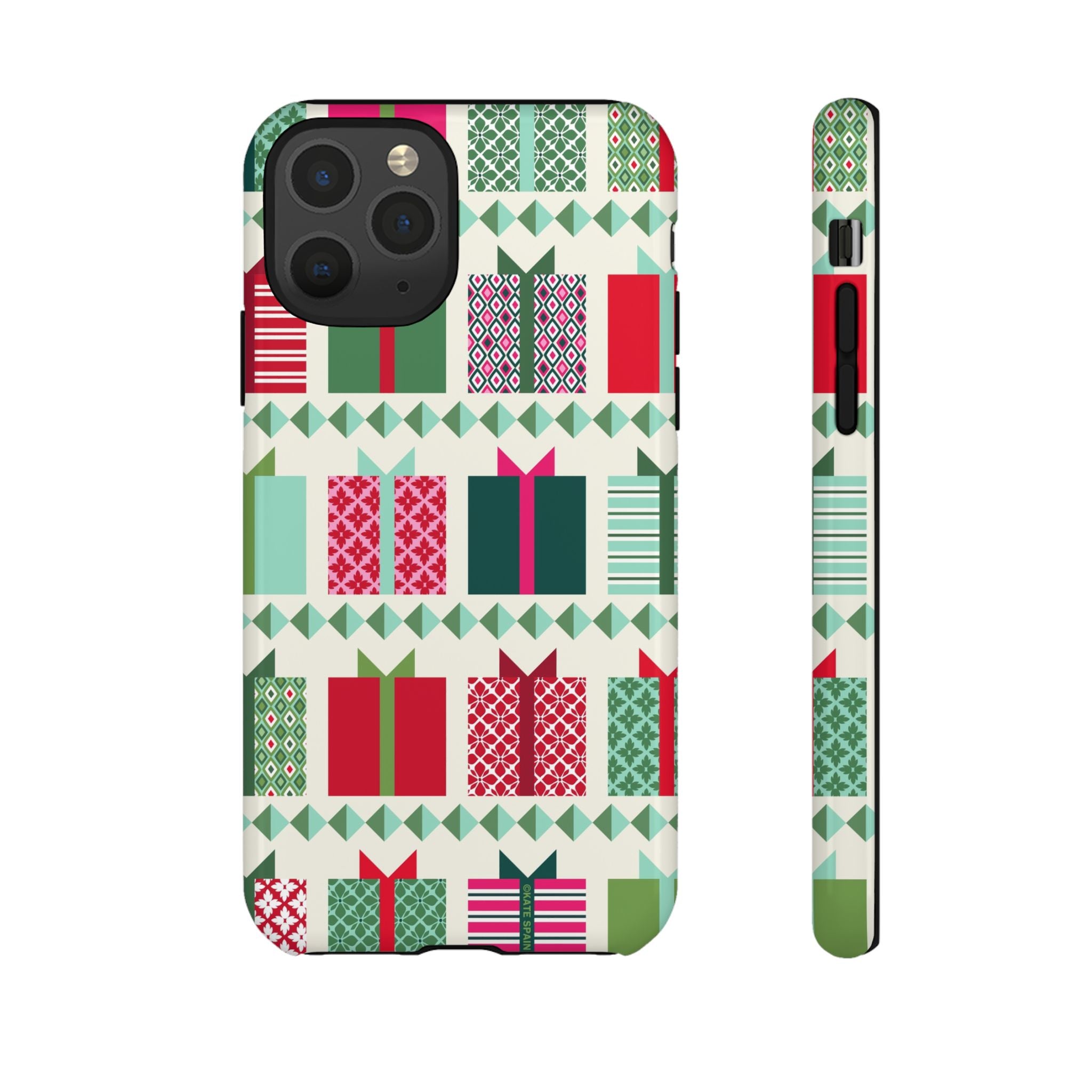 All Wrapped Up Tough iPhone 11 Pro Case – Glossy | cream, red, pink, green, mint geometric gift wrap holiday print