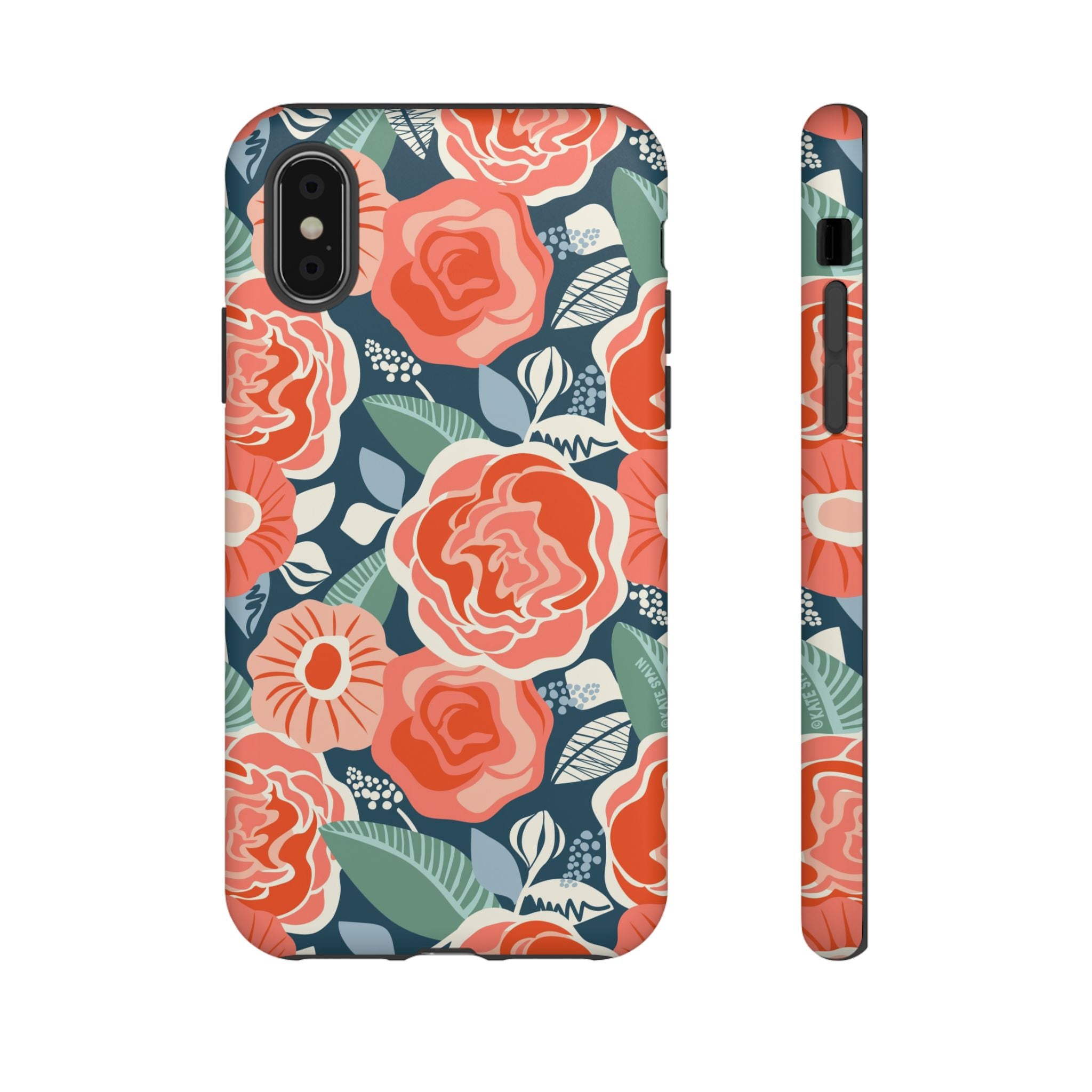 Tea Rose Navy Tough iPhone XS Max Case – Glossy | navy, coral, pink, cream rose floral print
