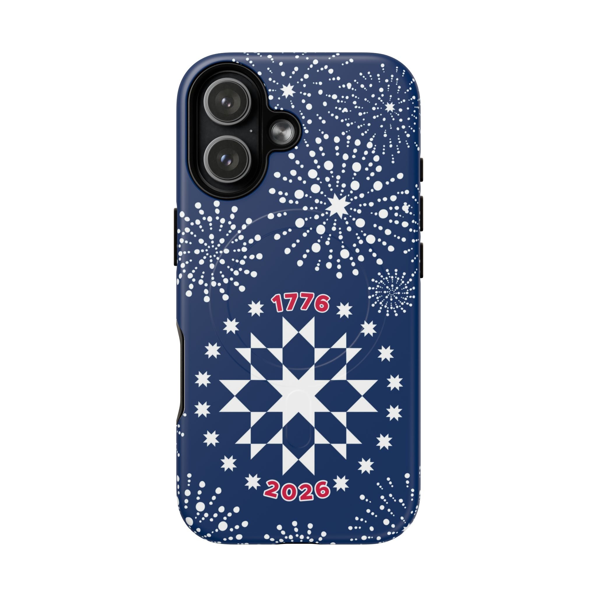 250th Fireworks MagSafe iPhone 17 Case – Matte | navy, white patriotic star quilt fireworks print