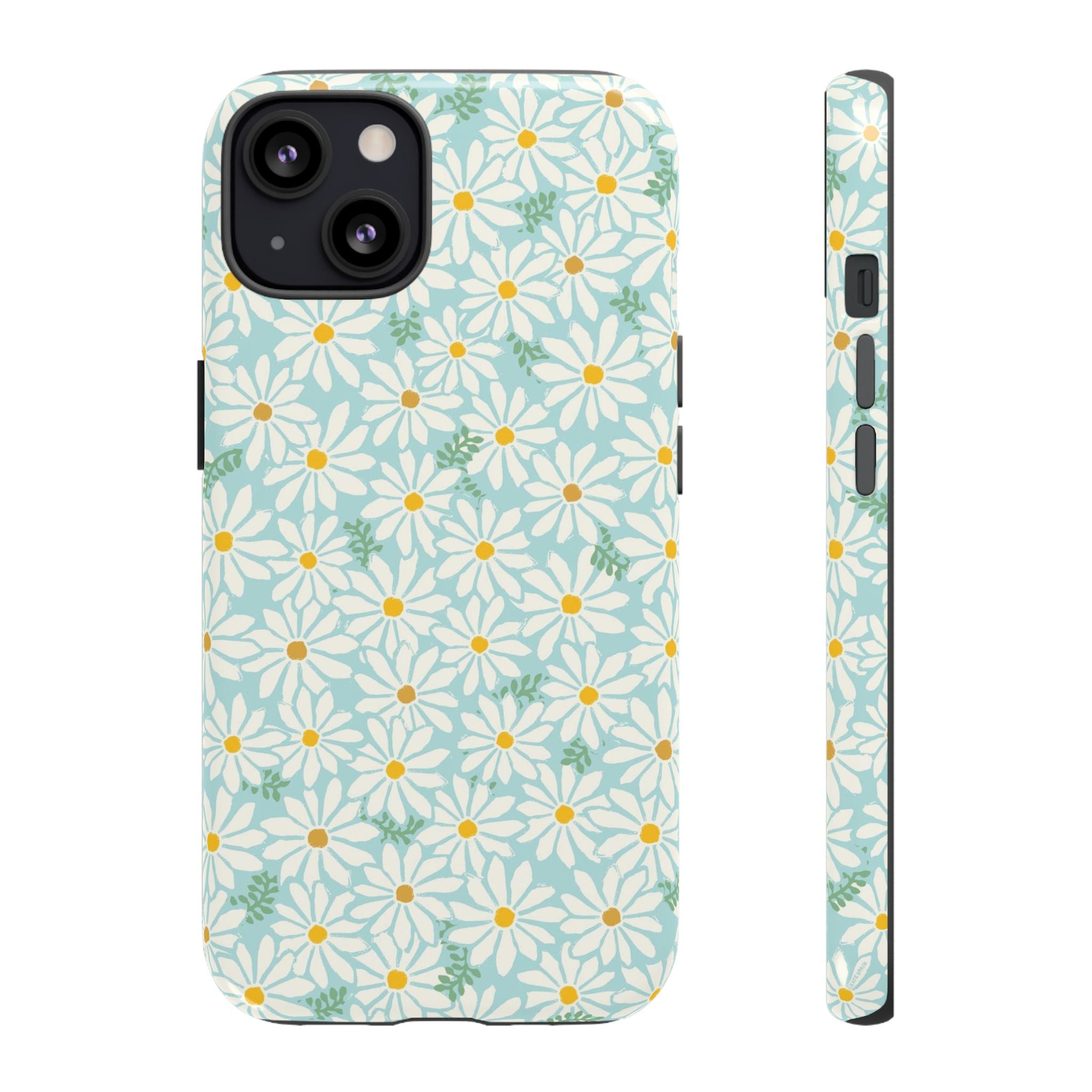 Daisies Tough iPhone 13 Case – Glossy | sky blue, white daisy print, golden yellow centers, mint green leaves dual-layer protection