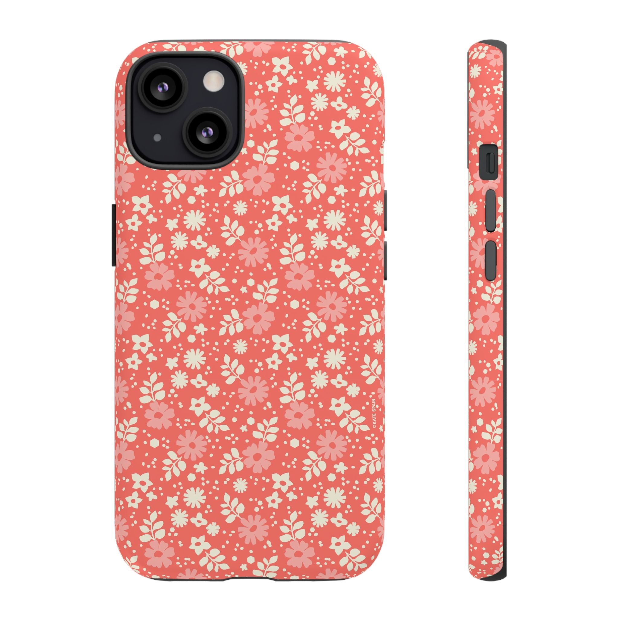 Petaline Tough iPhone 13 Case – Glossy | coral, pink, cream ditsy floral print