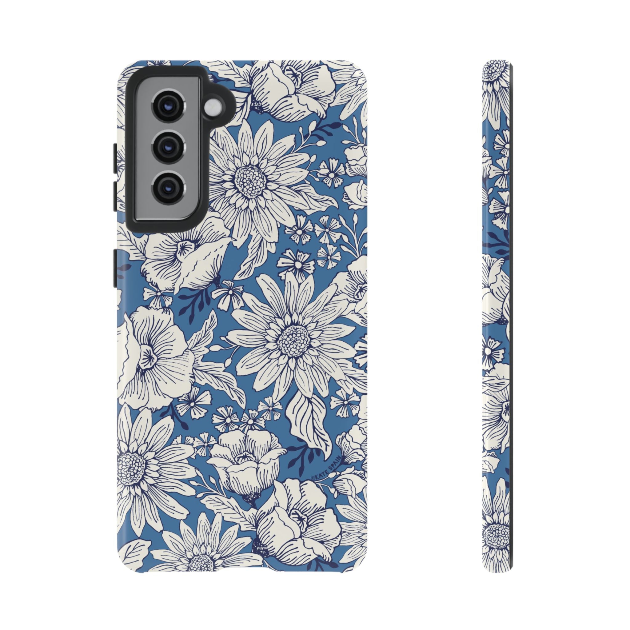 Luxury Jardin Samsung Galaxy S21 Case – Glossy | steel blue, white botanical daisy floral print
