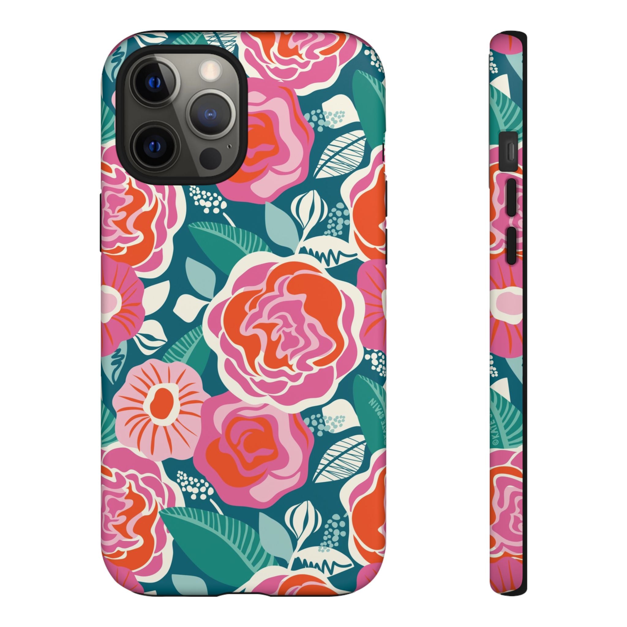Tea Rose Teal Tough iPhone 12 Pro Max Case – Matte | teal, coral, pink botanical rose floral print