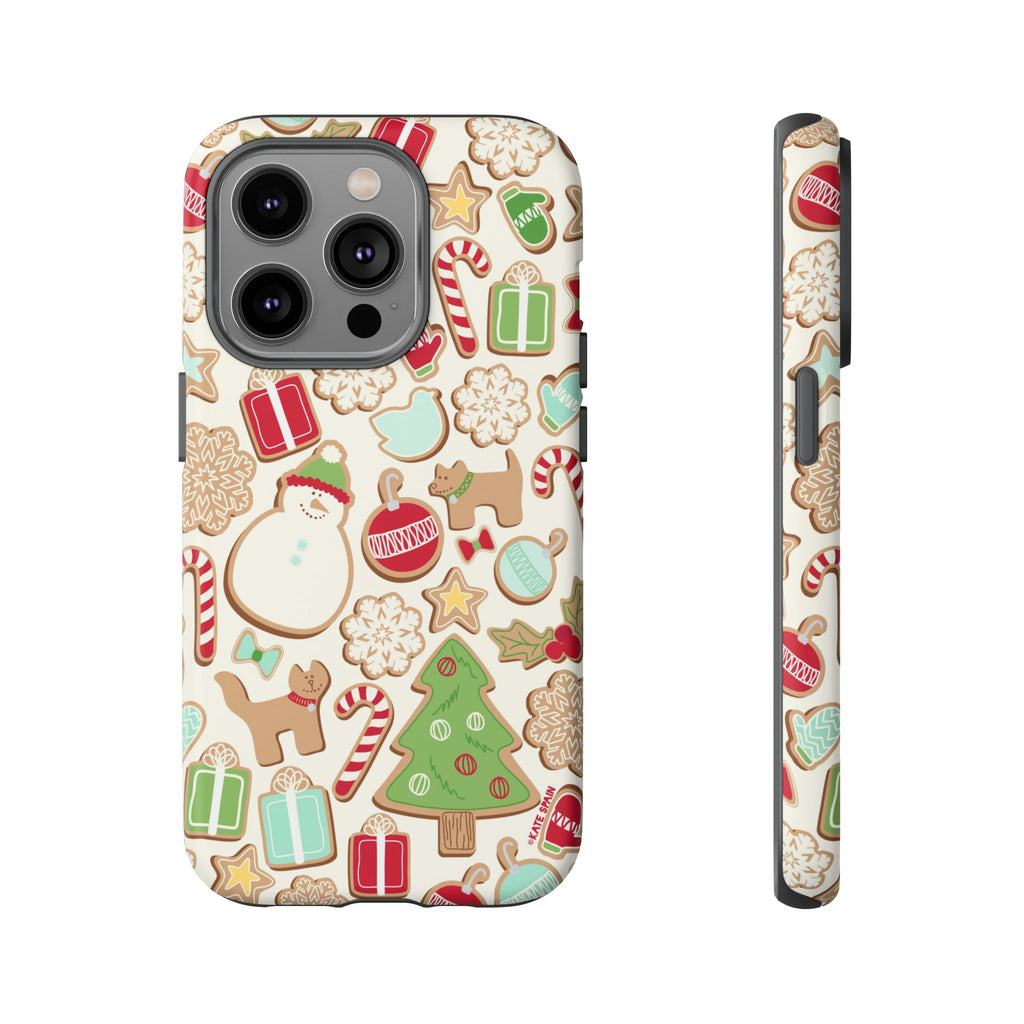 Gingerbread Cookies Tough iPhone 14 Pro Case – Matte | cream, red, green gingerbread holiday cookie print