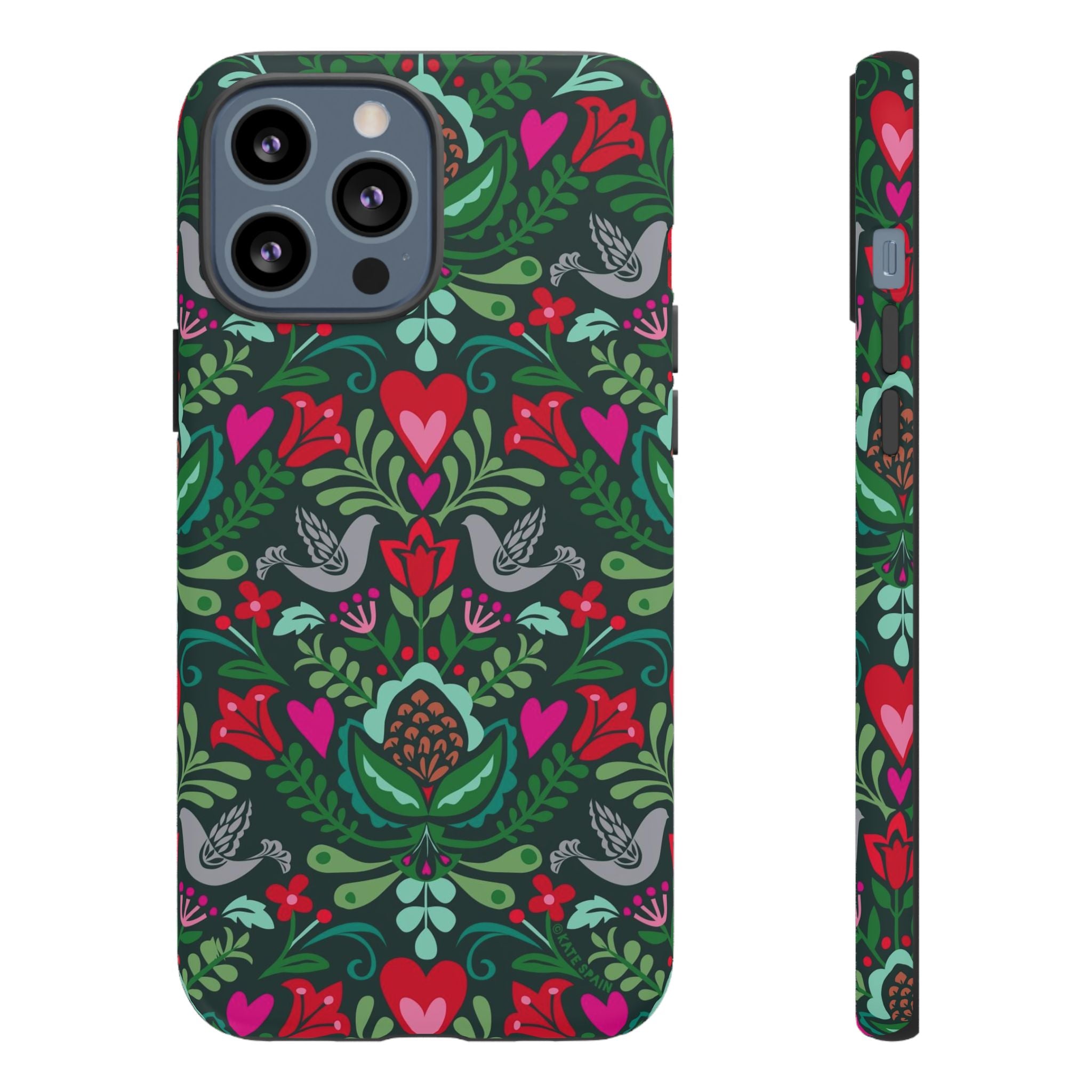 Rosemaling Tough iPhone 13 Pro Max Case – Matte | dark green, red, pink, gray folk art floral bird print