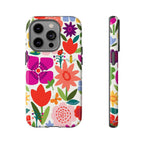 Happy Blooms Tough iPhone 14 Pro Case – Glossy | cream, red, magenta, coral botanical floral print