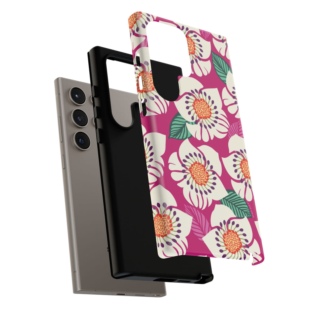 Artistic Panache Samsung Galaxy S24 Ultra Case – Glossy | close-up of layered construction of case in berry, cream white, peach anemone floral print