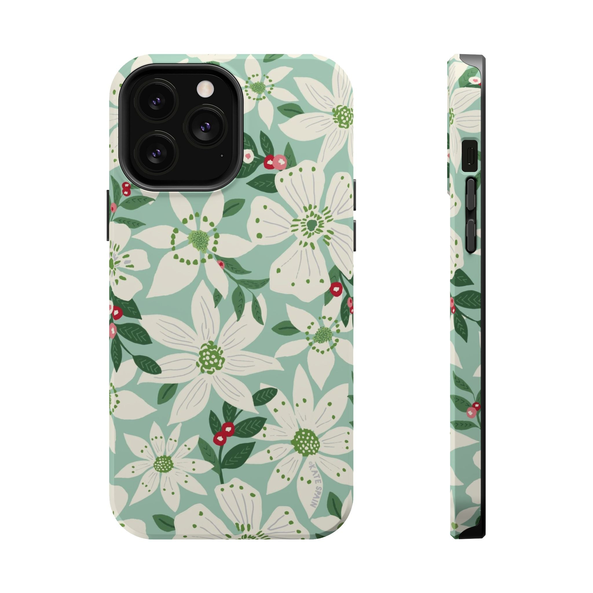 Gardenia MagSafe iPhone 13 Pro Max Case – Glossy | light blue, white, green, red gardenia botanical print MagSafe compatible, dual-layer protection