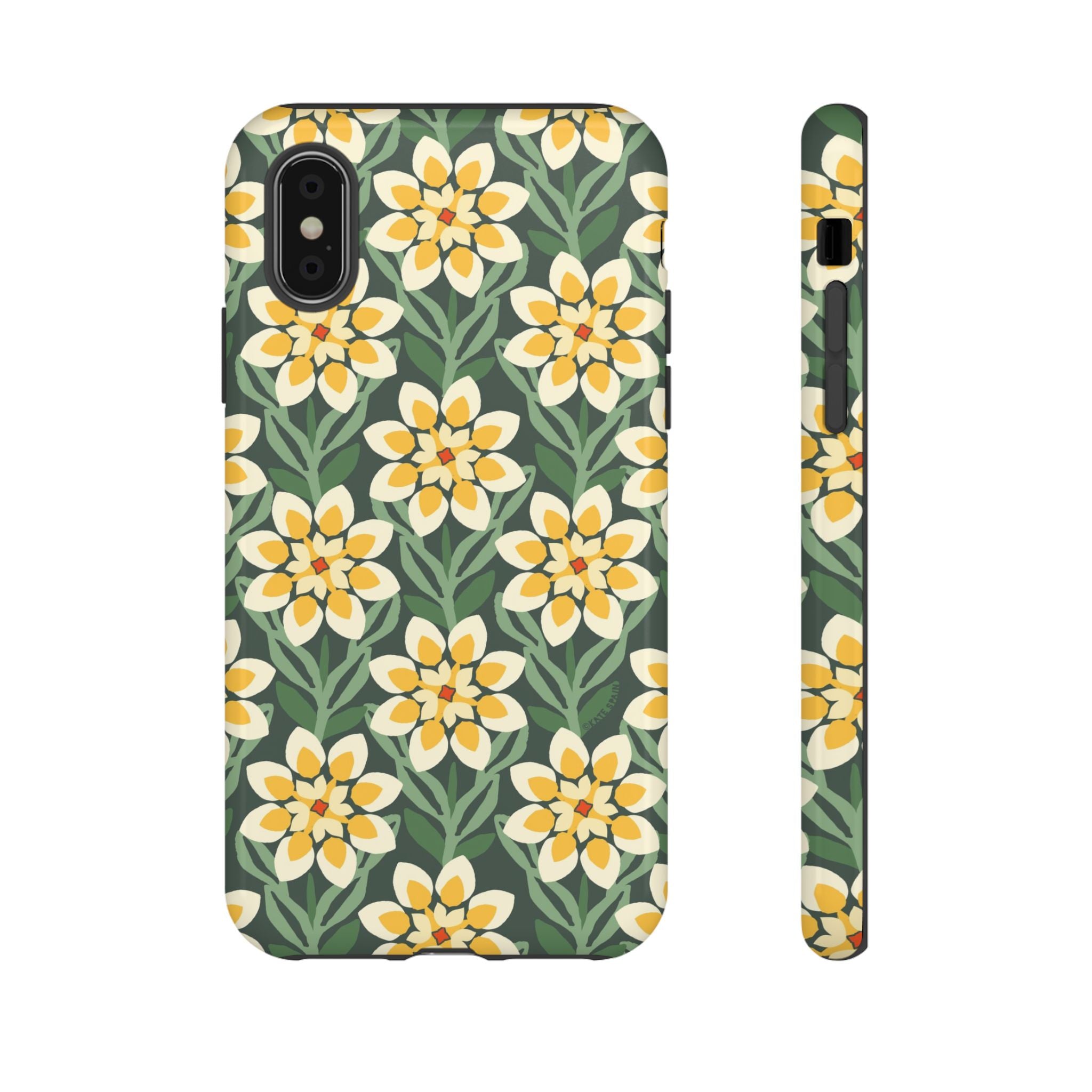 Designer Modern Dahlia Tough iPhone X Case – Glossy | yellow, cream, green dahlia floral print