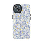 Montauk Daisy Cottage Blue MagSafe iPhone 15 Case – Matte | periwinkle blue, white graphic daisy and fern print, golden yellow centers MagSafe compatible, dual-layer protection