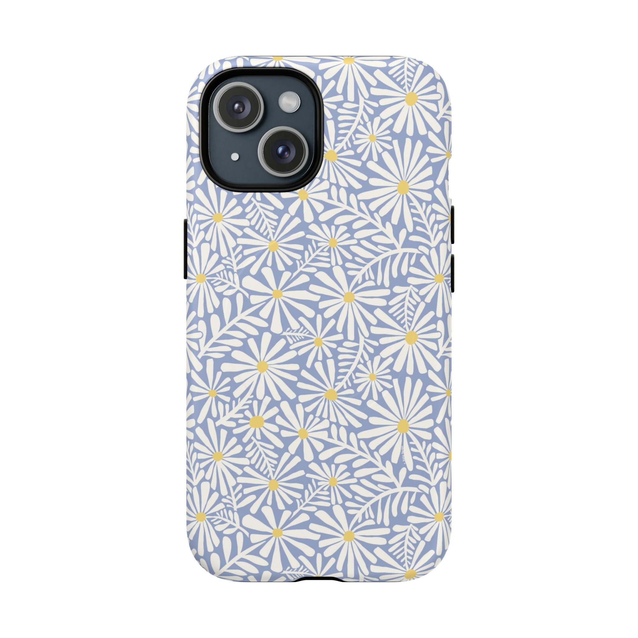 Montauk Daisy Cottage Blue MagSafe iPhone 15 Case – Matte | periwinkle blue, white graphic daisy and fern print, golden yellow centers MagSafe compatible, dual-layer protection