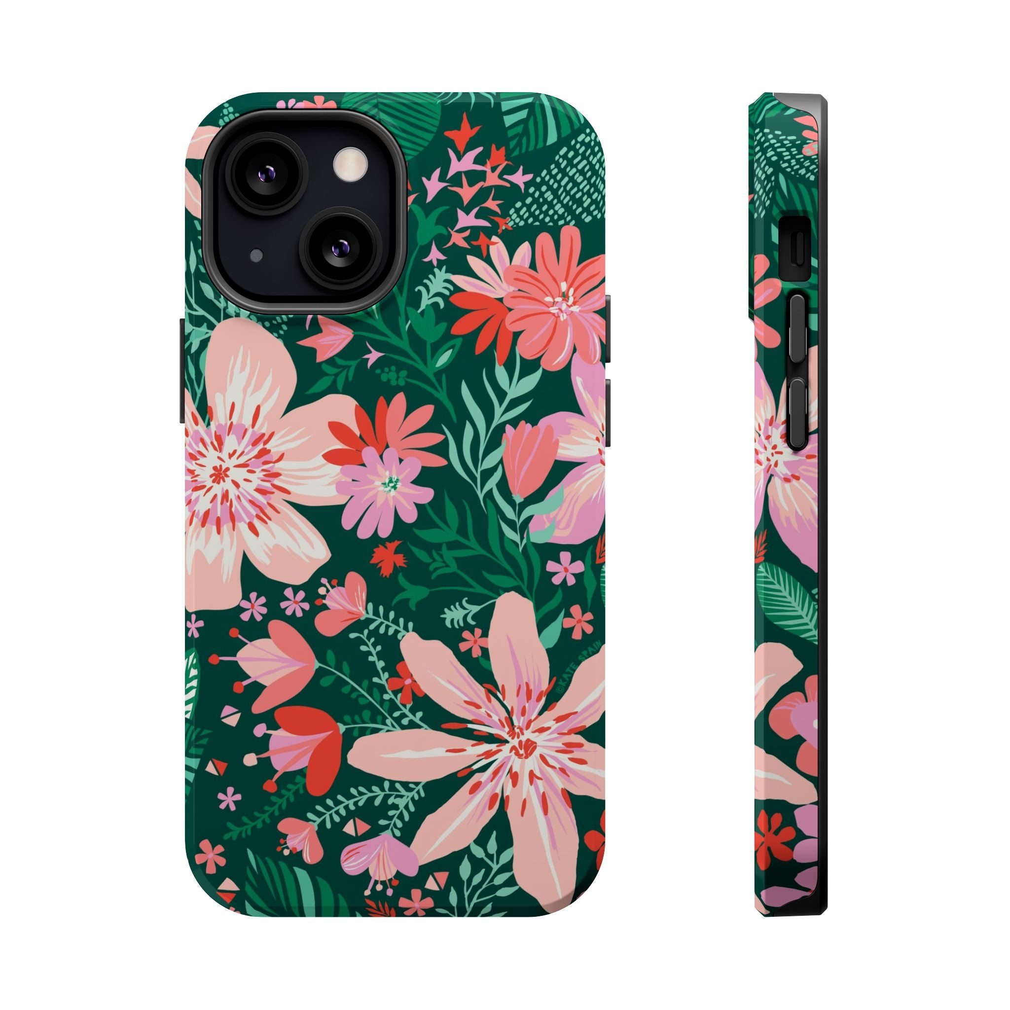 Bonaire MagSafe iPhone 13 mini Case – Glossy | forest green, blush, coral tropical floral print