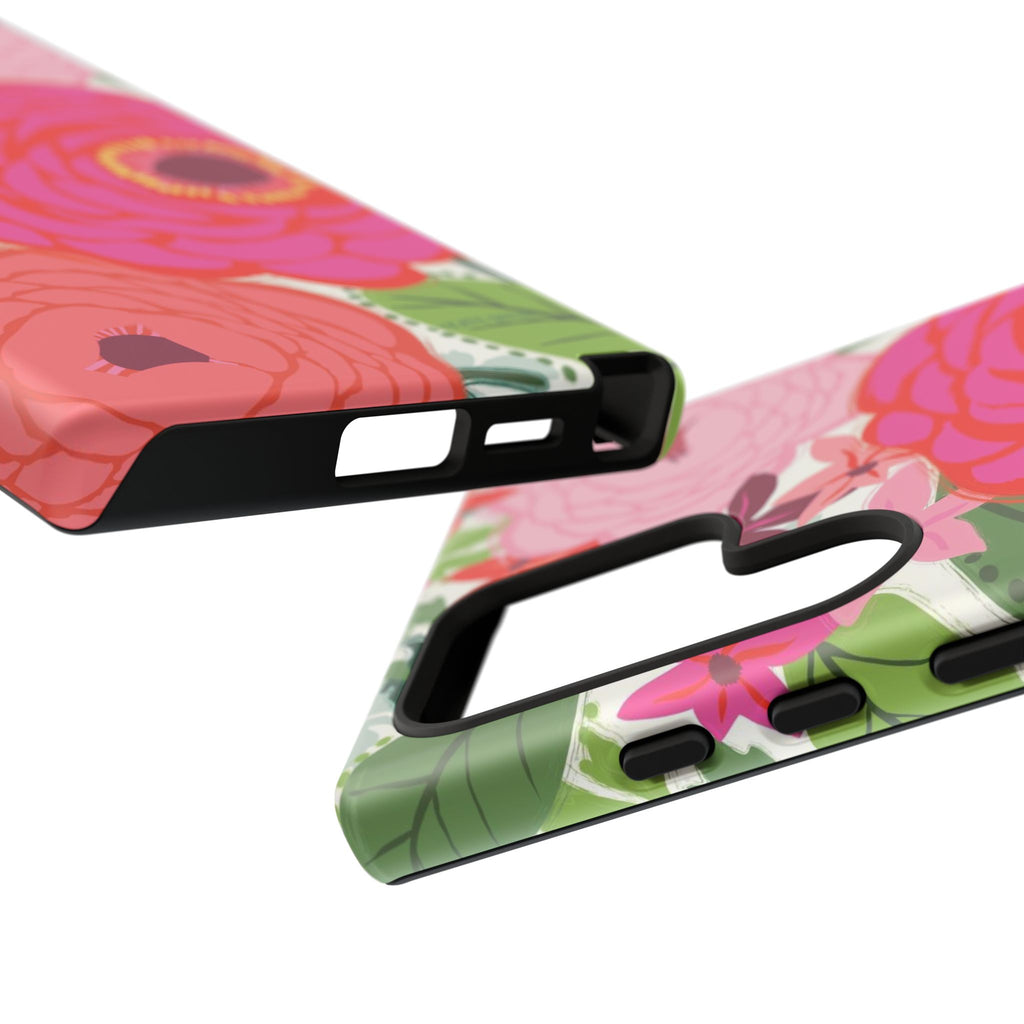 Bloomerie Samsung Tough Phone Case Samsung Galaxy S24 Ultra Case – Glossy | Detail of side structure of case in cream, magenta, coral botanical peony floral print