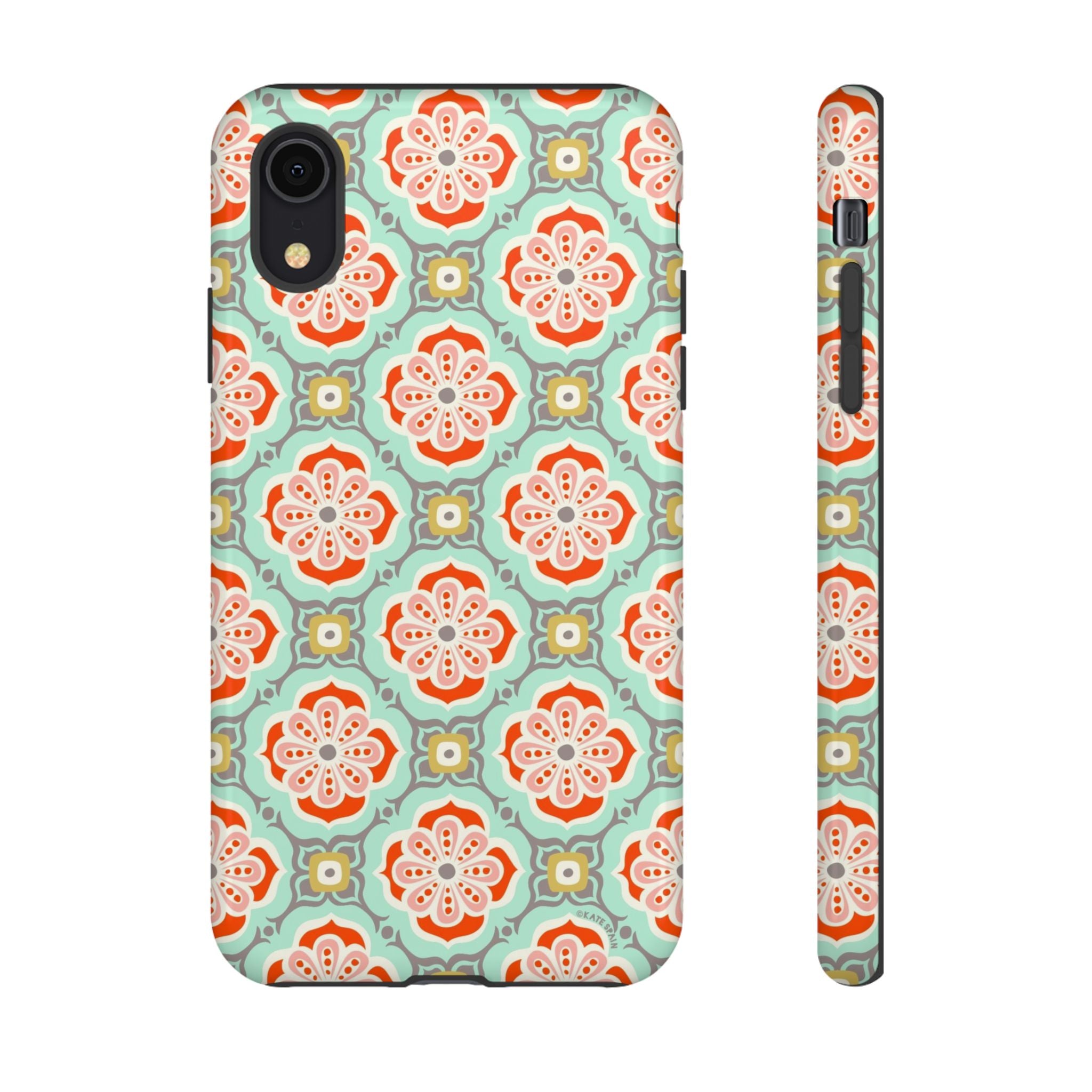 Alhambra Tough iPhone XR Case – Glossy | aqua, coral, blush geometric medallion floral print