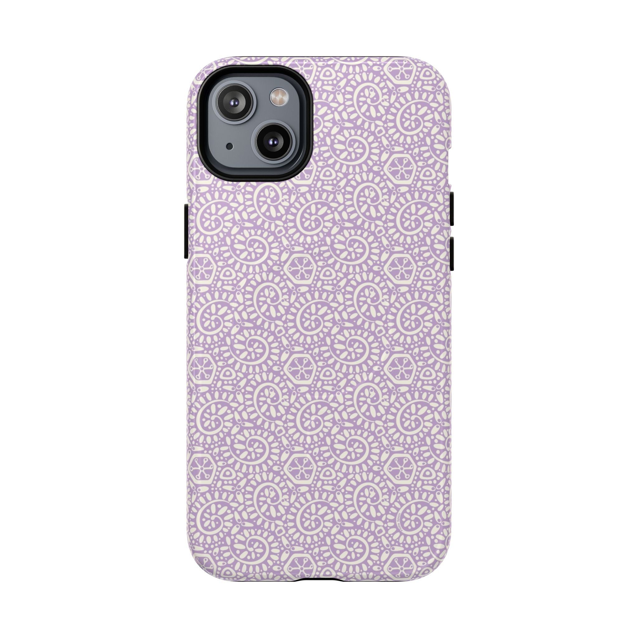 Canto Swirls Lavender MagSafe iPhone 14 Plus Glossy Case — lavender hard case covered in an intricate folk-art medallion pattern of radiating circular motifs, dot clusters, and geometric centers