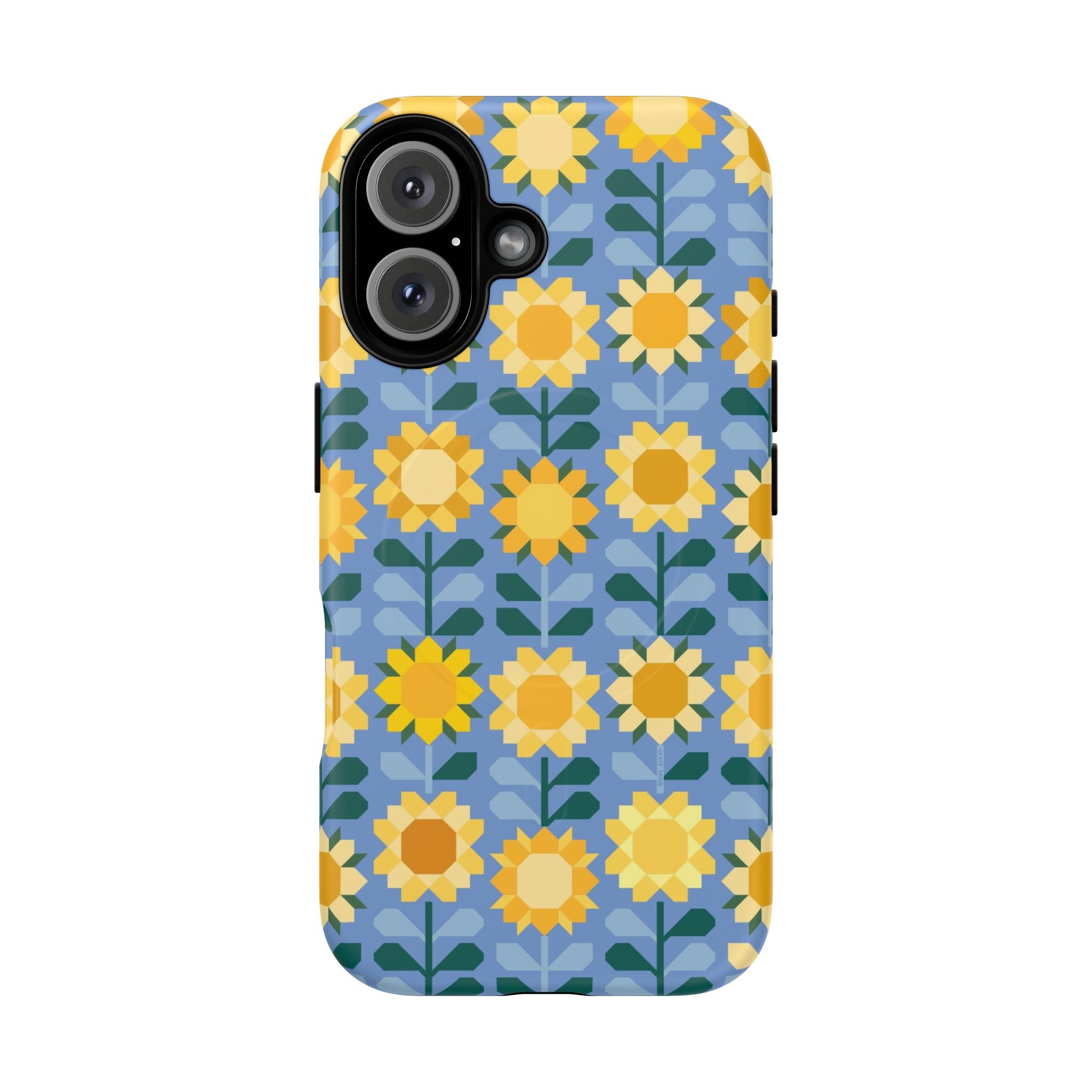 Sunflowers MagSafe iPhone 16 Case – Matte | blue, yellow, gold geometric sunflower print