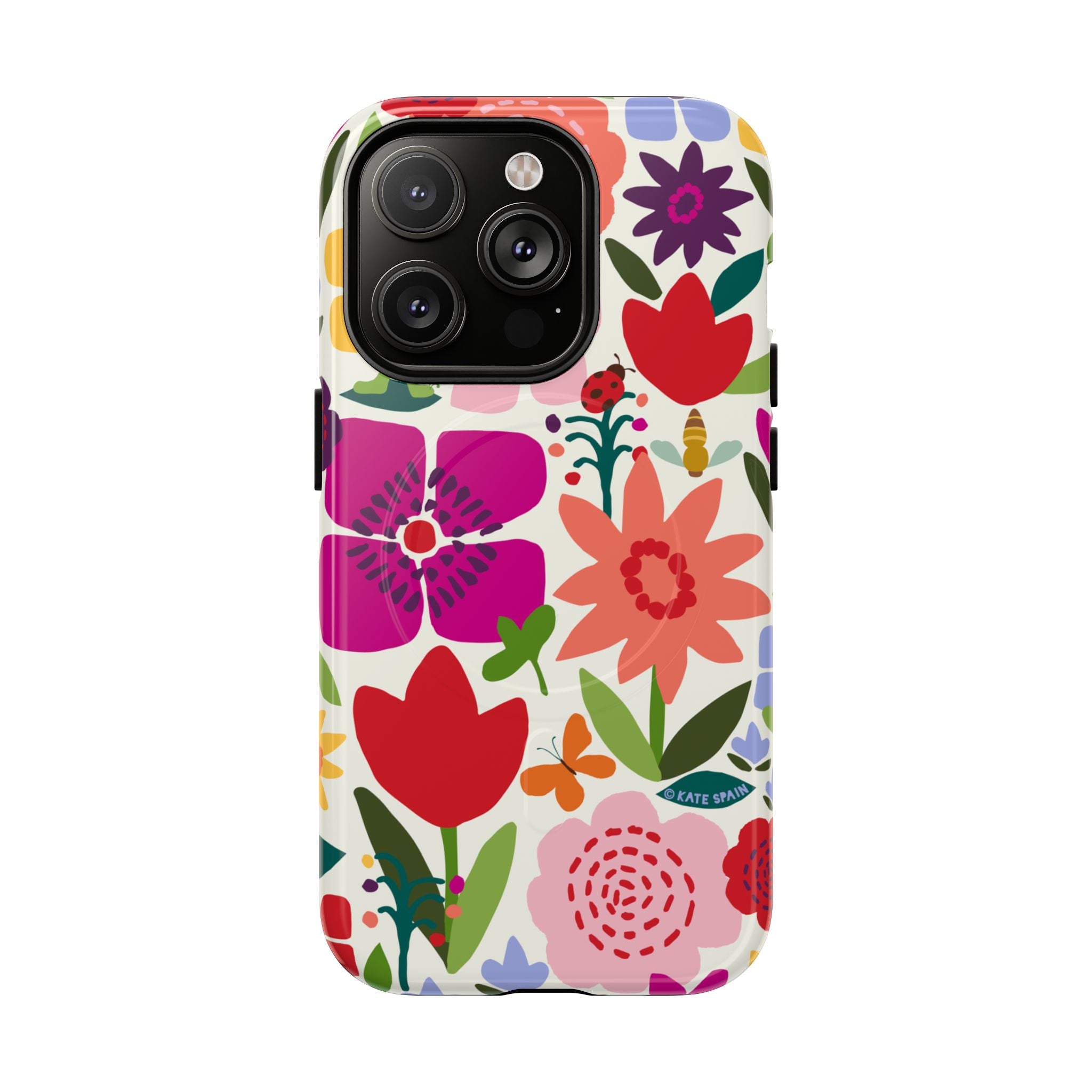 Happy Blooms MagSafe iPhone 14 Pro Case – Glossy | cream, red, magenta, coral botanical floral print