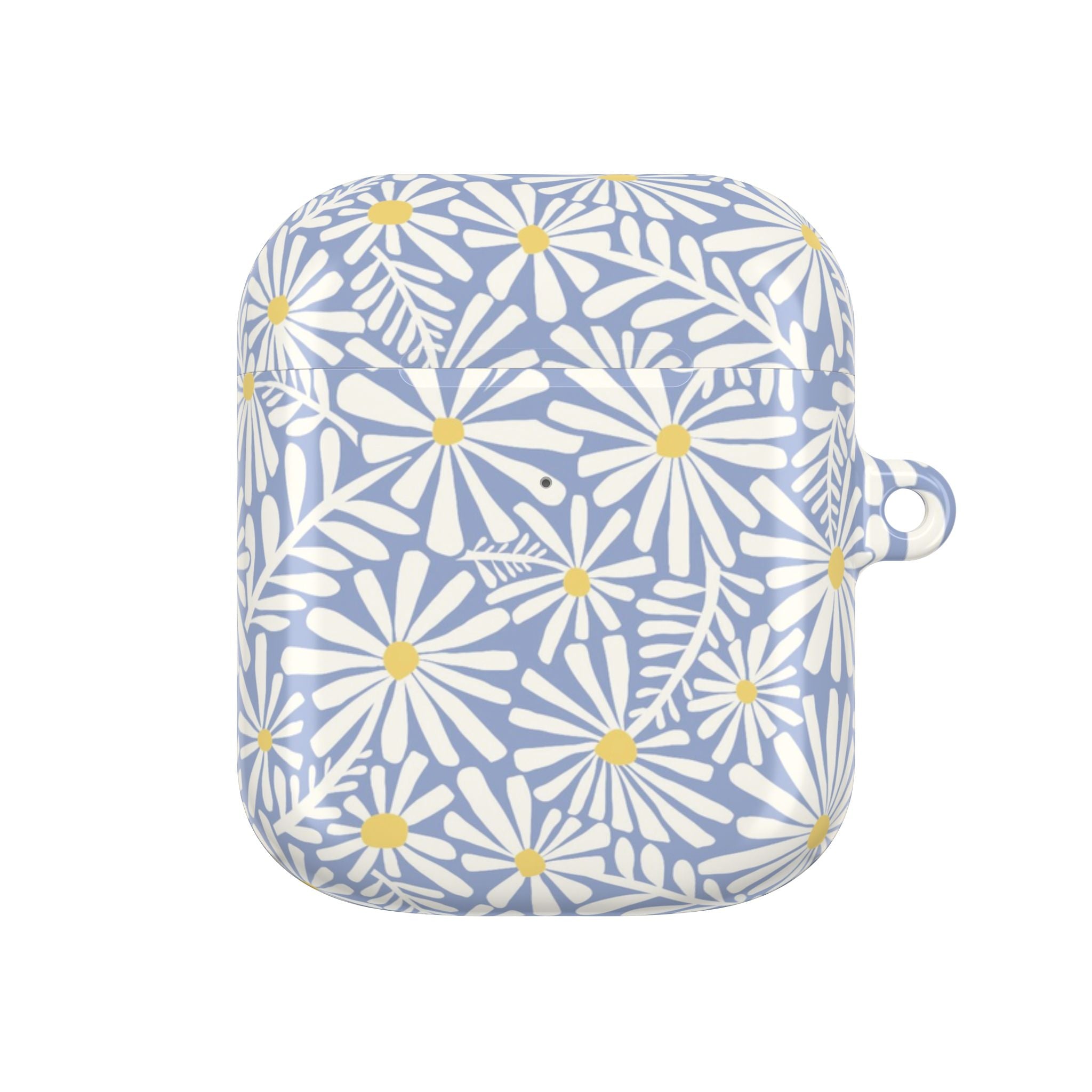 Montauk Daisy Cottage Blue AirPods Gen 2 Case – Glossy | periwinkle blue, white graphic daisy and fern print, golden yellow centers | polycarbonate shell with carabiner