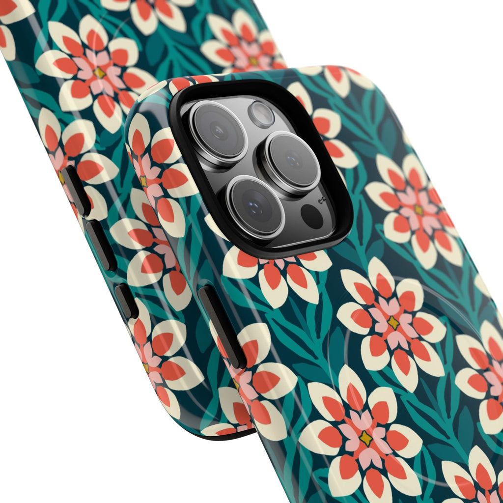 Modern Dahlia MagSafe iPhone 16 Pro Max Case – detail of 3 lens camera in case | teal, coral, cream botanical dahlia floral print