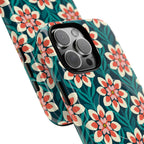 Modern Dahlia MagSafe iPhone 16 Pro Max Case – detail of 3 lens camera in case | teal, coral, cream botanical dahlia floral print
