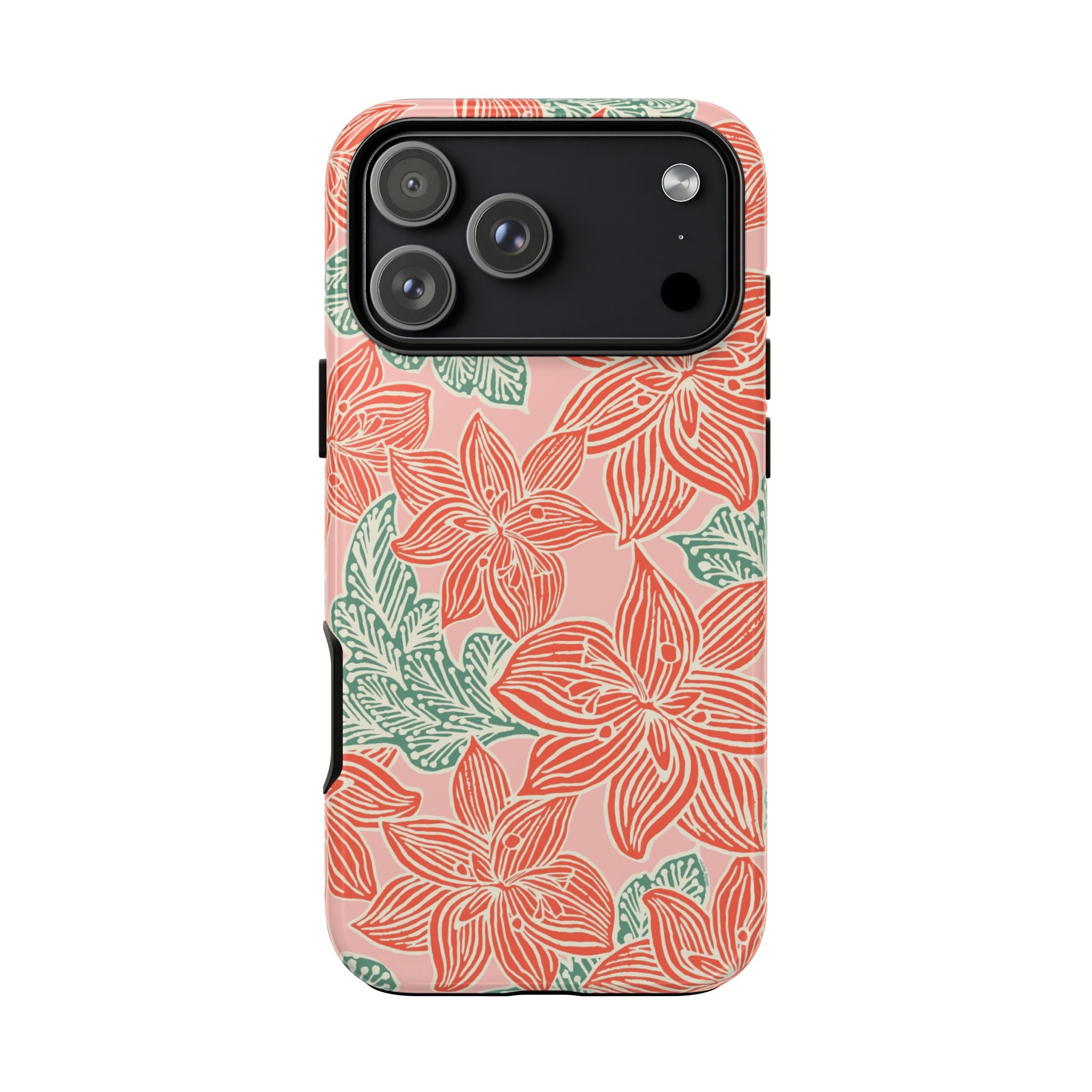 Hibiscus Coral iPhone 17 Pro Max Glossy Case — blush pink hard case with large-scale coral red hibiscus flowers and teal-green leaves in a bold botanical linework print, densely layered across the surface