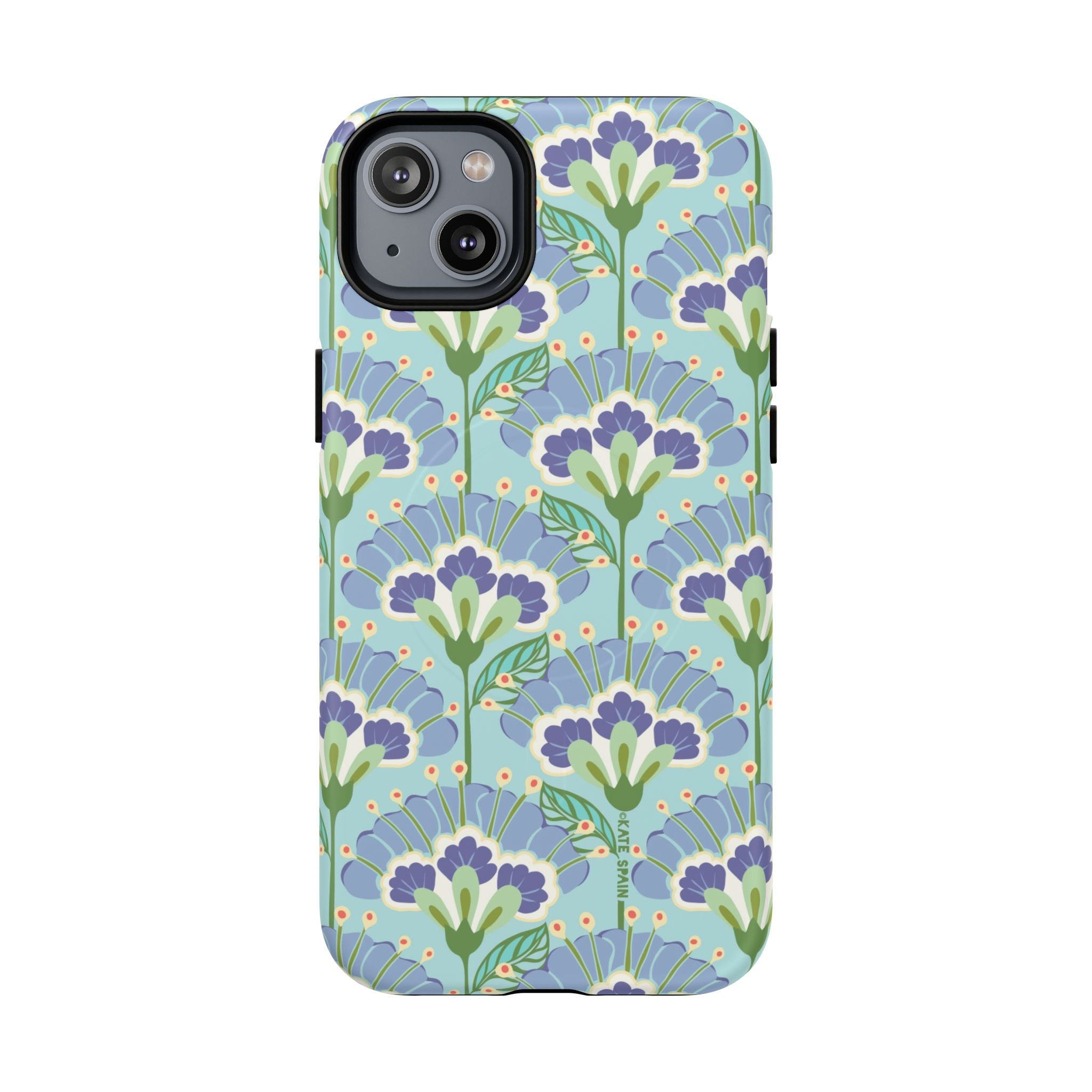 Lantern Flower MagSafe iPhone 14 Plus Case – Matte | aqua, periwinkle, green botanical lantern floral print