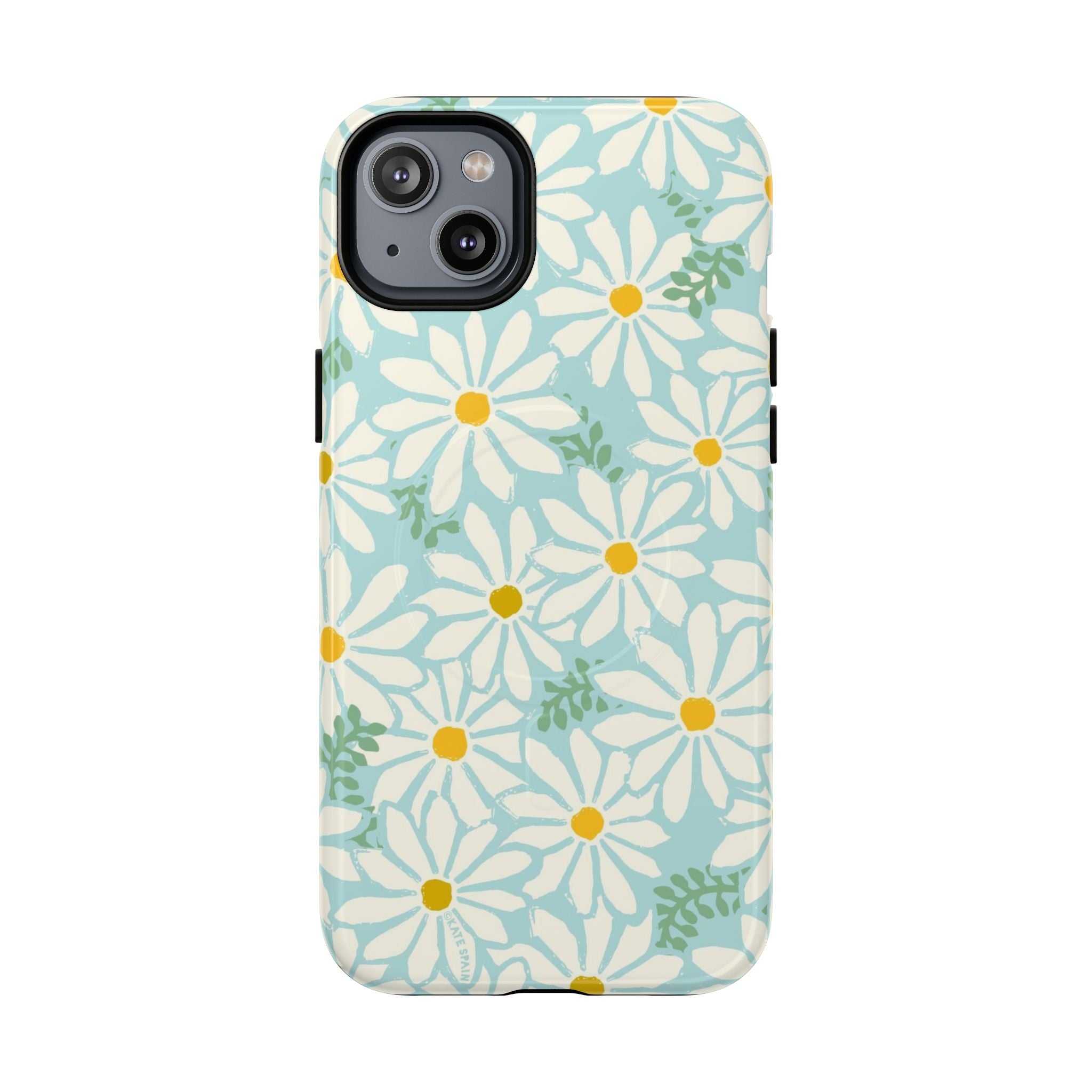 Daisies MagSafe iPhone 14 Plus Case – Glossy | mint, white, yellow botanical daisy floral print
