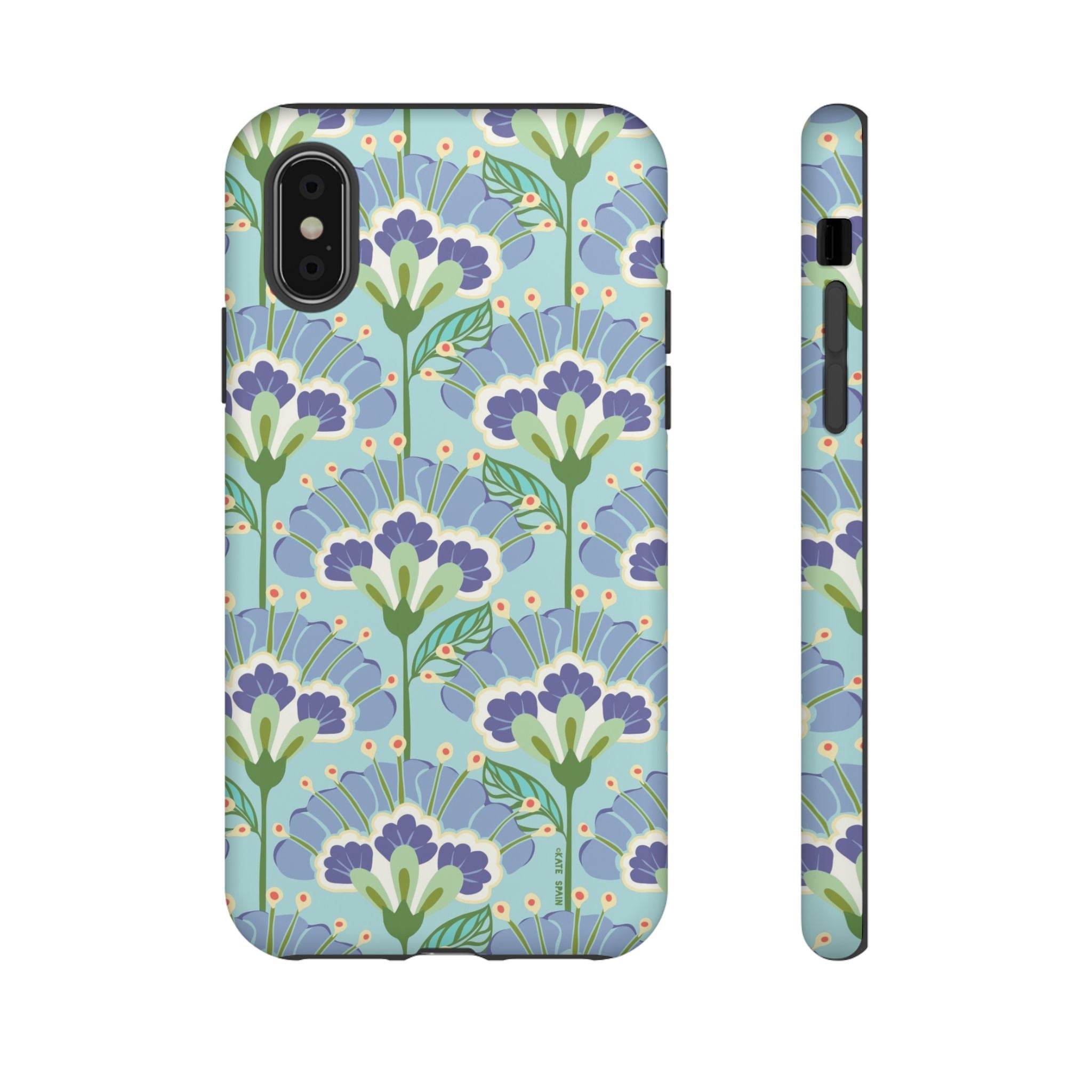 Lantern Flower Tough iPhone XS Case – Matte | aqua, periwinkle, green botanical lantern floral print