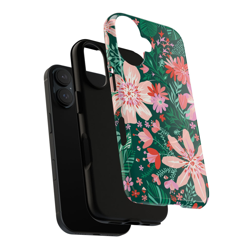 Bonaire MagSafe iPhone 17 Case – Dual-layered view of case and inner lining in front of phone, with view of camera cutout and buttons | jade, pink, white tropical floral botanical print