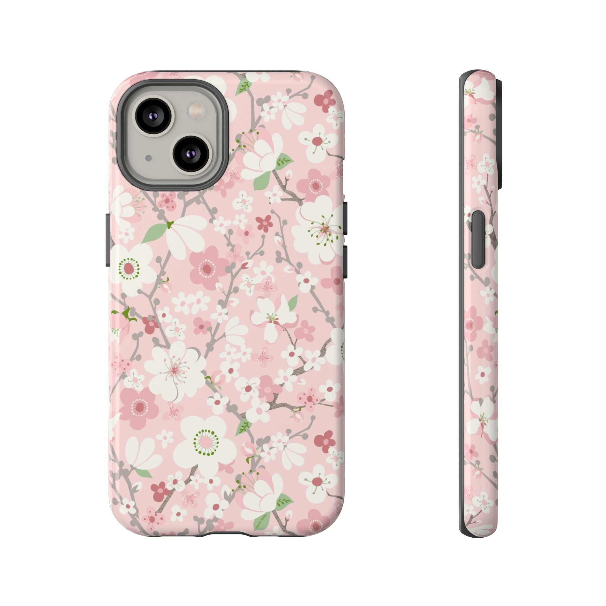 Luxury Pink Cherry Blossom Tough iPhone 14 Case – Glossy | light pink, white, cherry blossom floral print