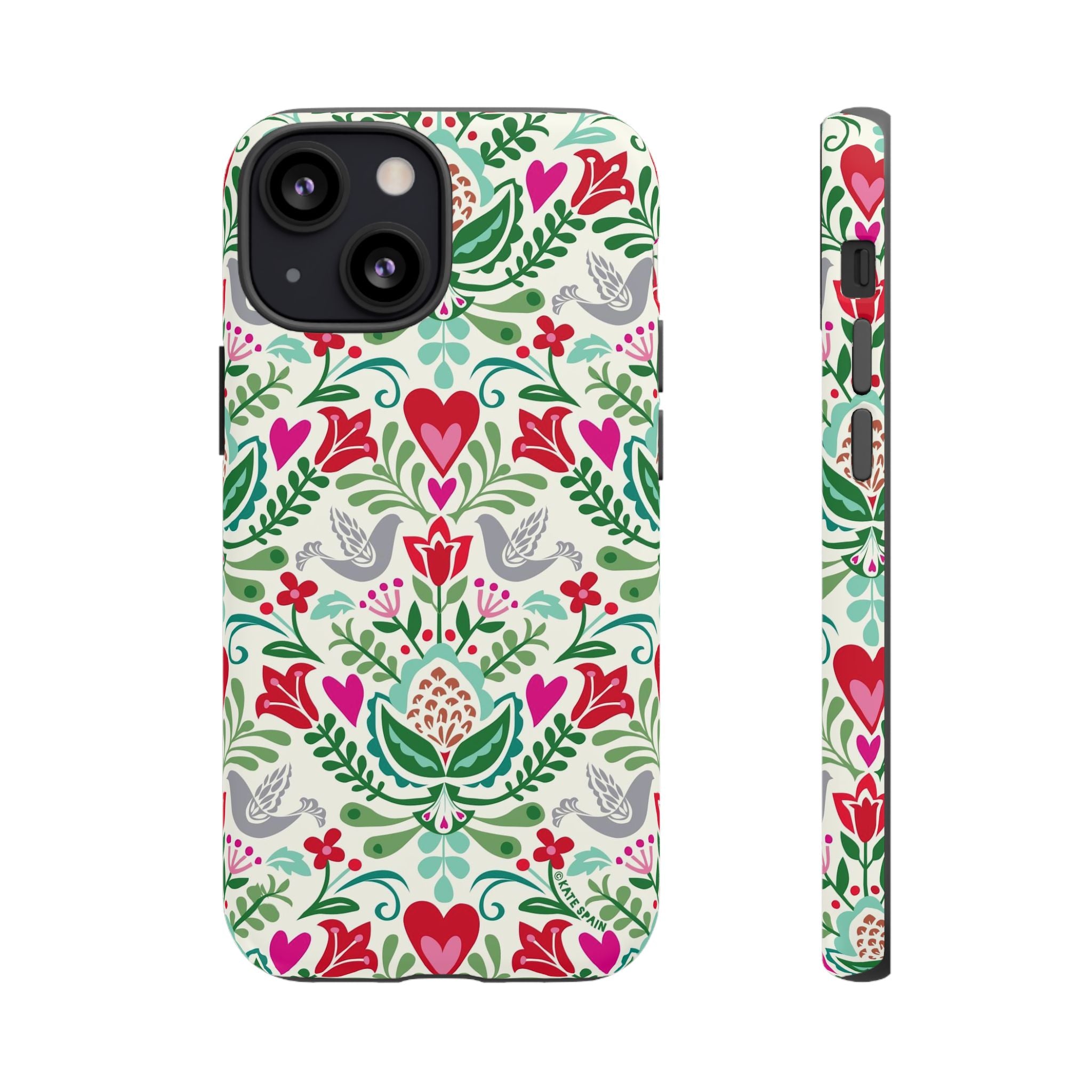 Rosemaling Tough iPhone 13 Mini Case – Matte | cream, red, pink, green, gray folk art floral bird print