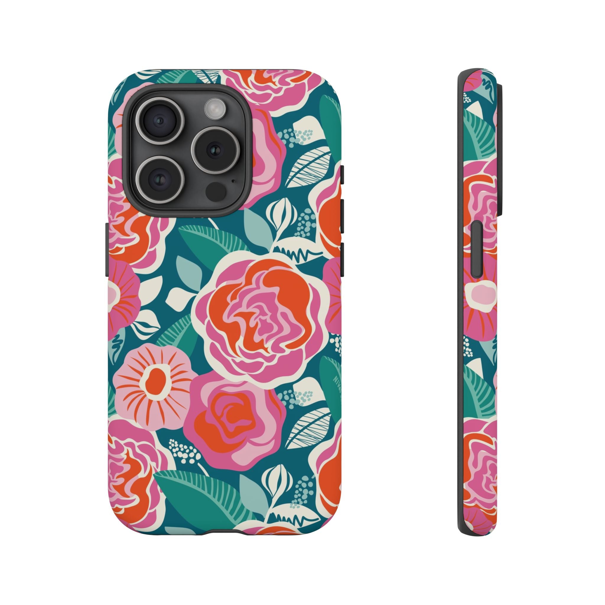 Tea Rose Teal Tough iPhone 15 Pro Case – Matte | teal, coral, pink botanical rose floral print
