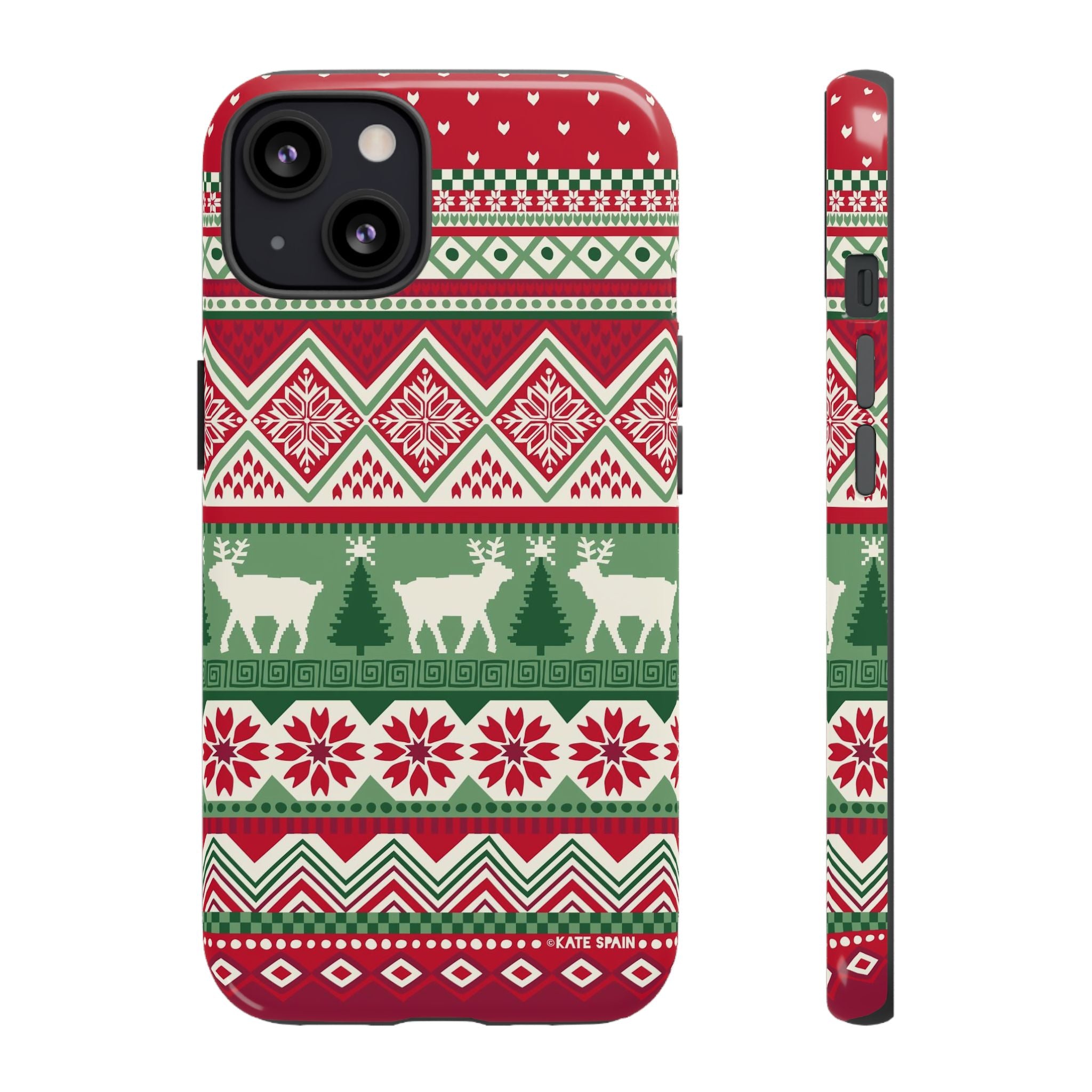 Telemark Tough iPhone 13 Case – Matte | red, green, cream fair isle reindeer Nordic print