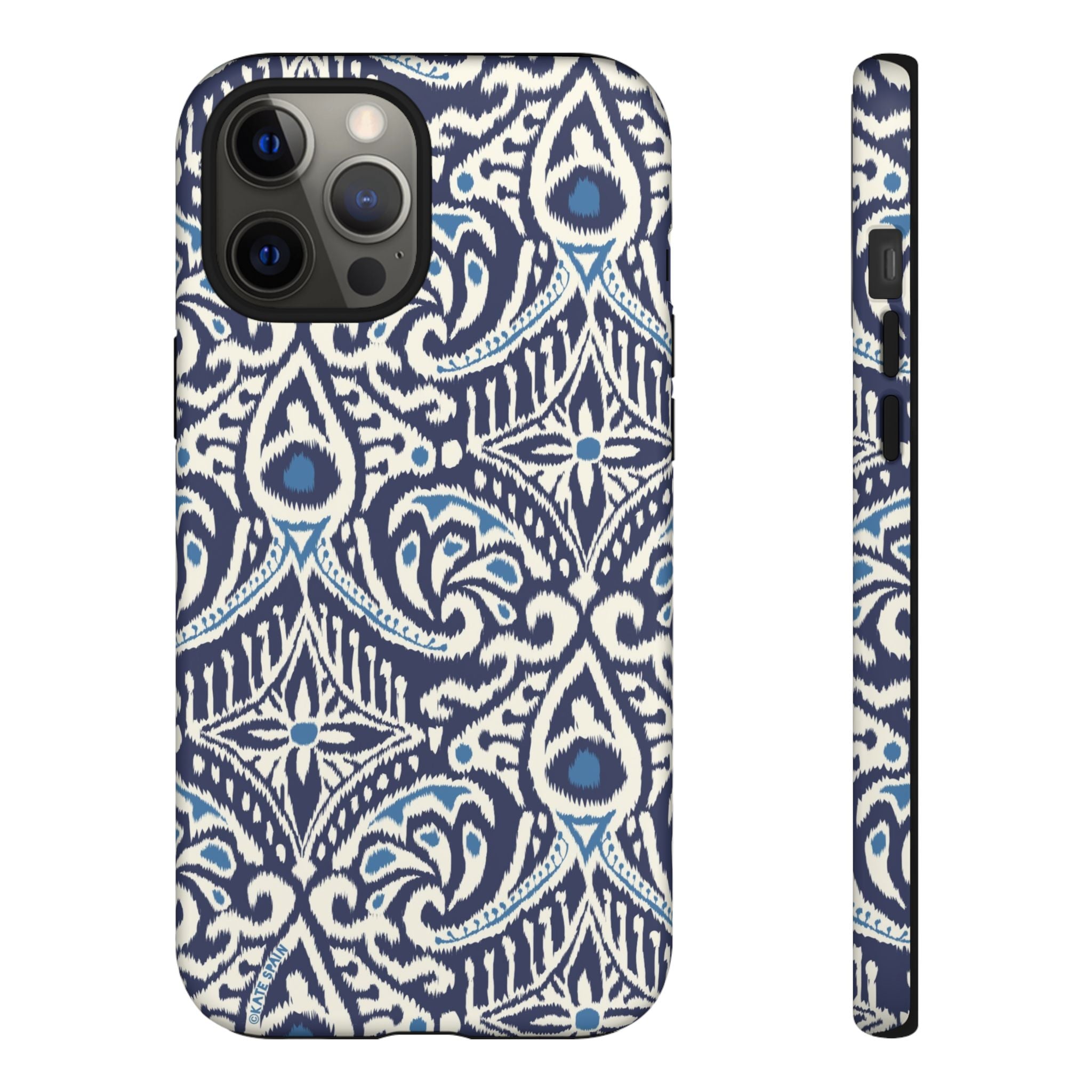 Ikat Tough iPhone 12 Pro Max Case – Matte | navy, cream, blue ikat medallion print
