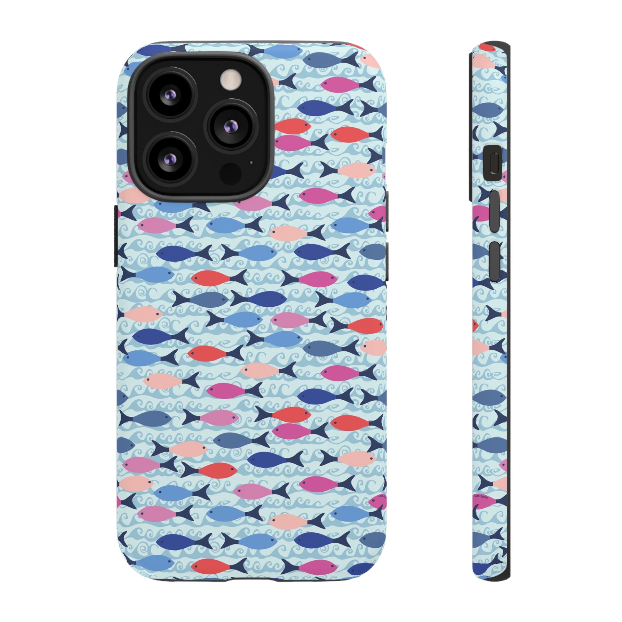 Summer Minnows Tough iPhone 13 Pro Case – Matte | navy, coral, pink, and periwinkle fish on a pale aqua ground