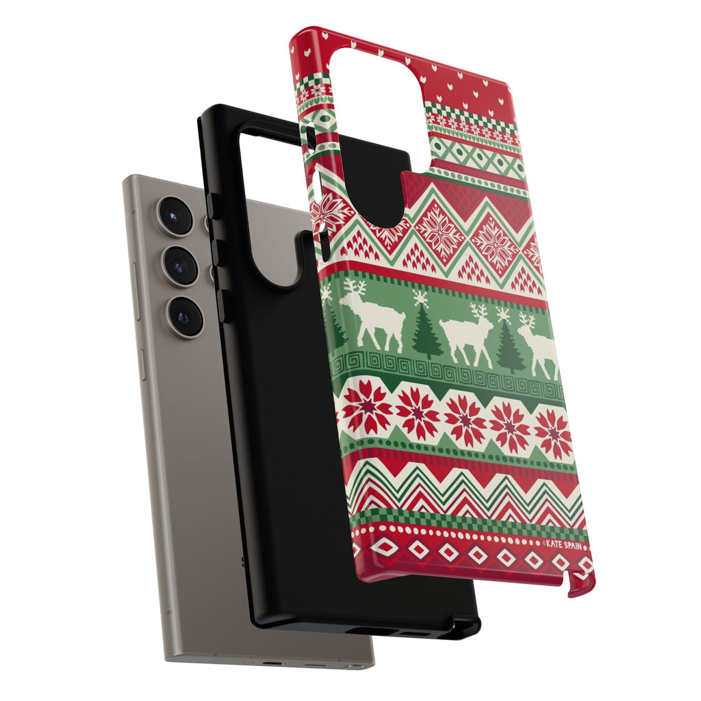 Luxury Telemark Samsung Galaxy S24 Ultra Case – Glossy | detailed shot of layered construction of case in red, green, cream Nordic fair isle reindeer print