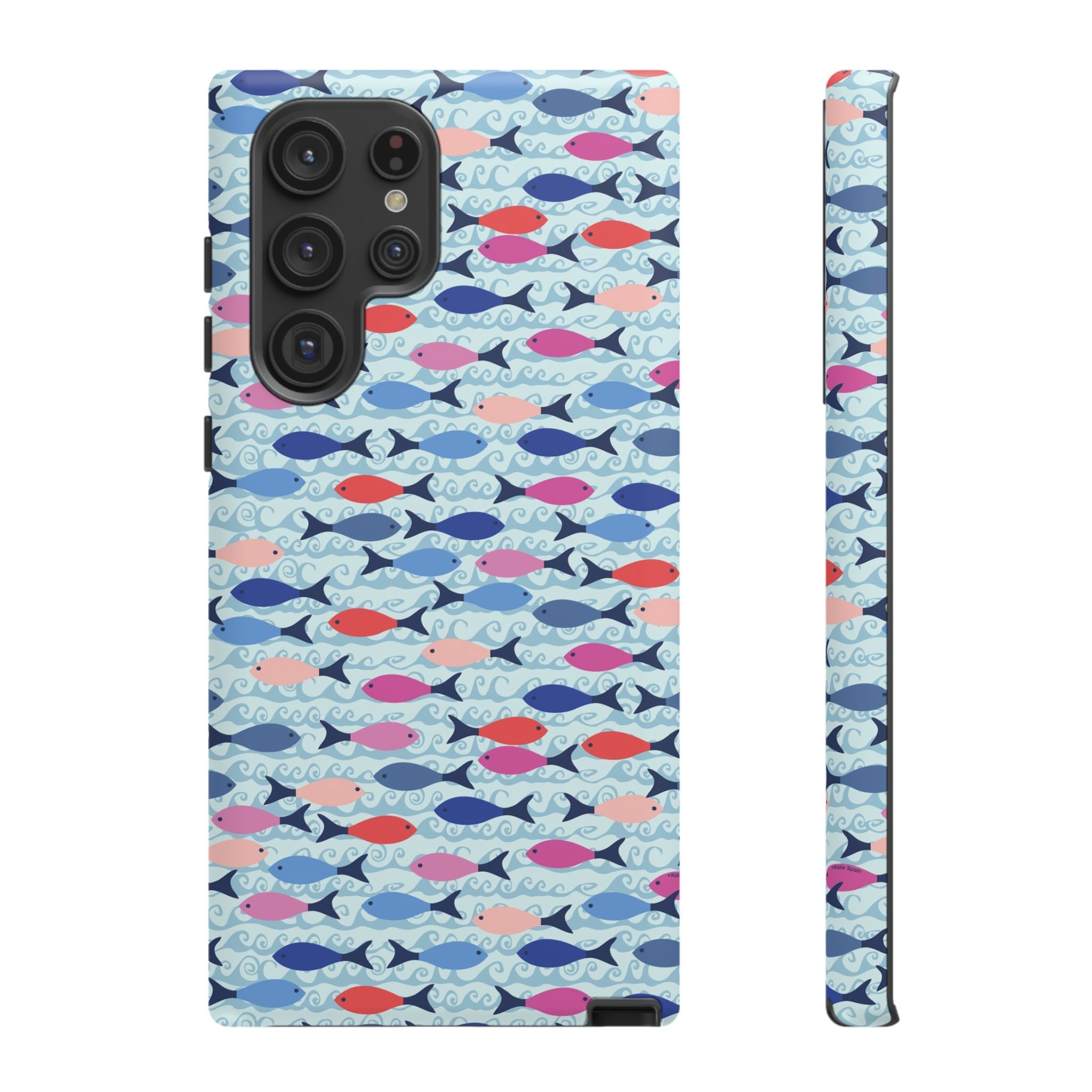 Summer Minnows Samsung Galaxy S22 Ultra Case – Matte | navy, coral, pink, and periwinkle fish on a pale aqua ground