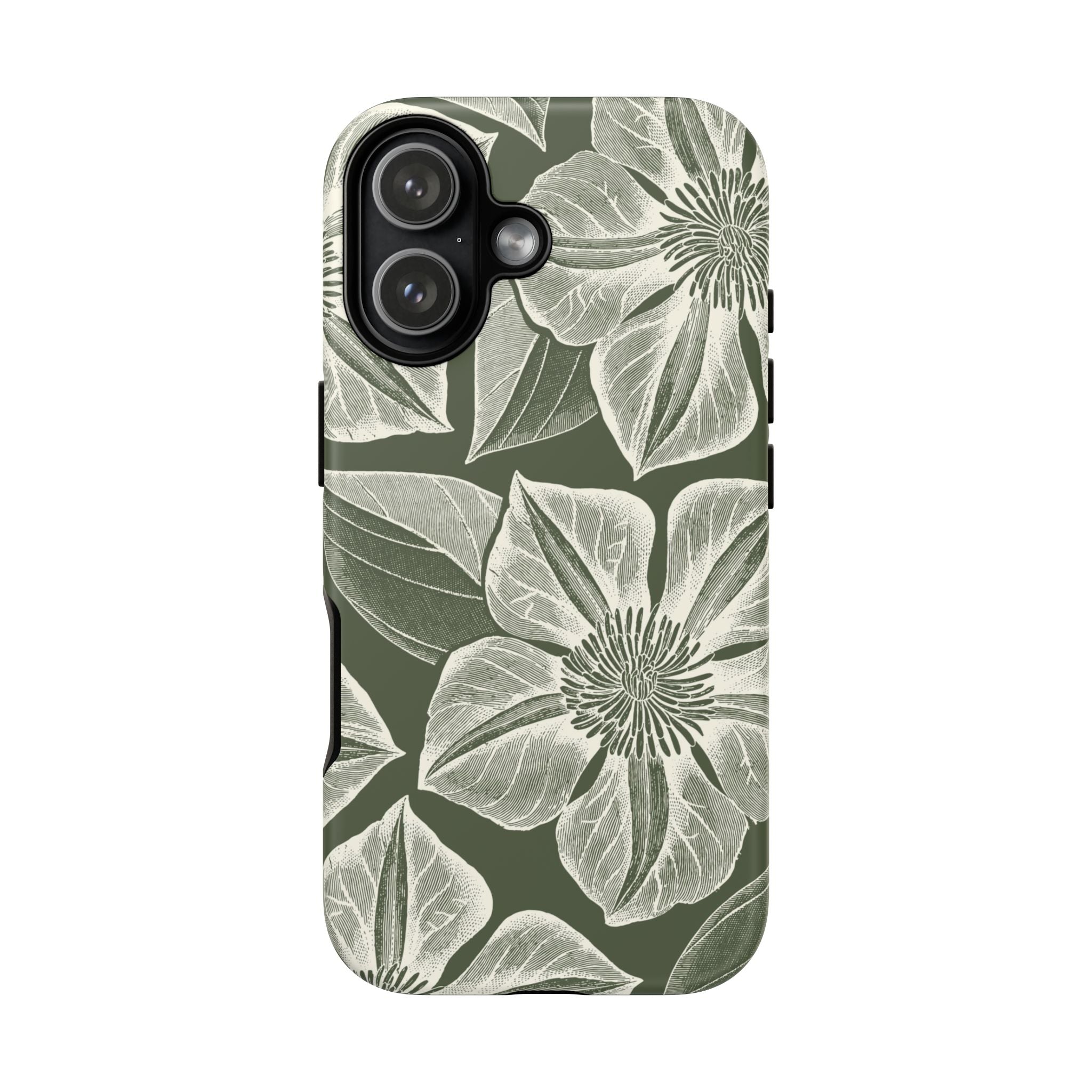 Vintage Bloom Cypress iPhone 17 case – Matte | cypress green ground, large-scale white clematis print, engraved petal detail, dual-layer protection