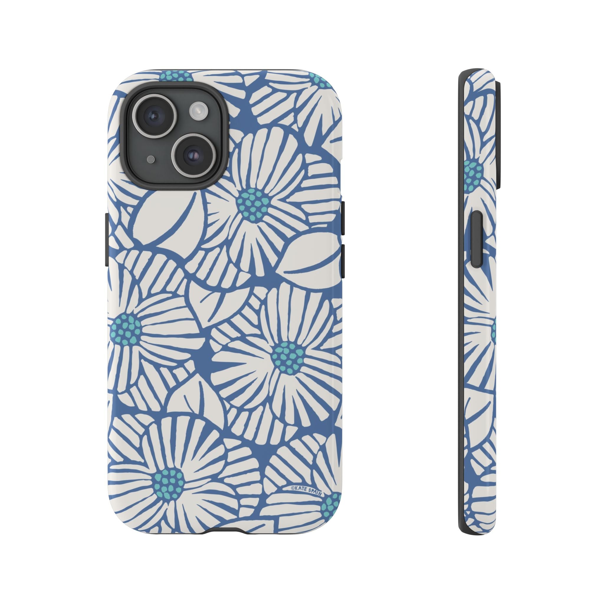 Calendula Tough iPhone 15 Case – Glossy | periwinkle, cream, teal graphic daisy floral print