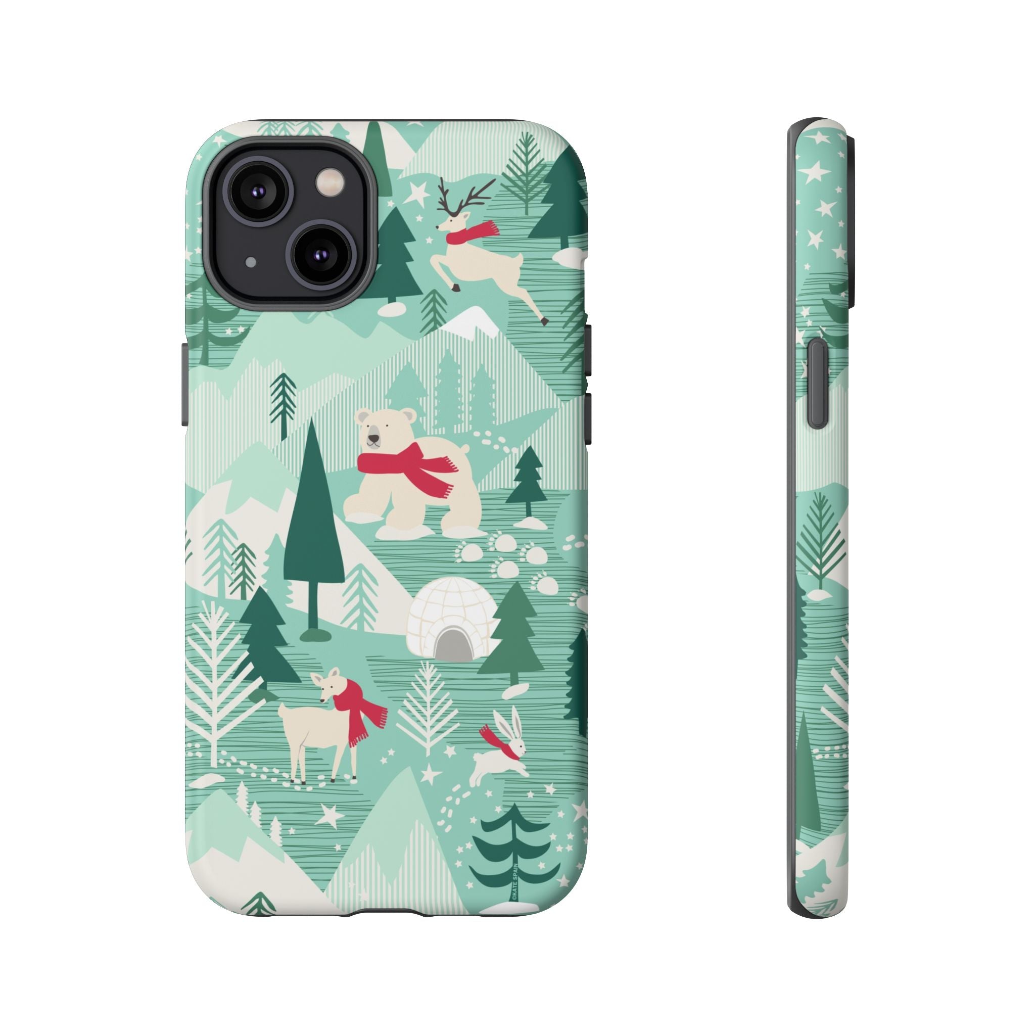 Arctica Winter Tough iPhone 14 Plus Case – Matte | aqua, evergreen, white, animal frolic winter wonderland print