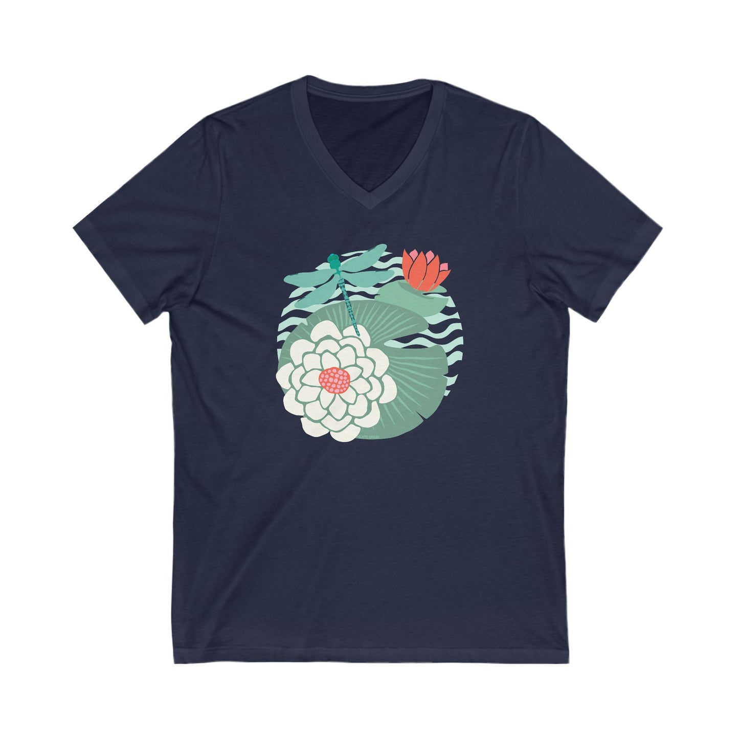 Illustrated dragonfly hovering over a green lily pad with pink and white water lily flowers on a calm pond, printed on a soft navy blue vneck t-shirt.