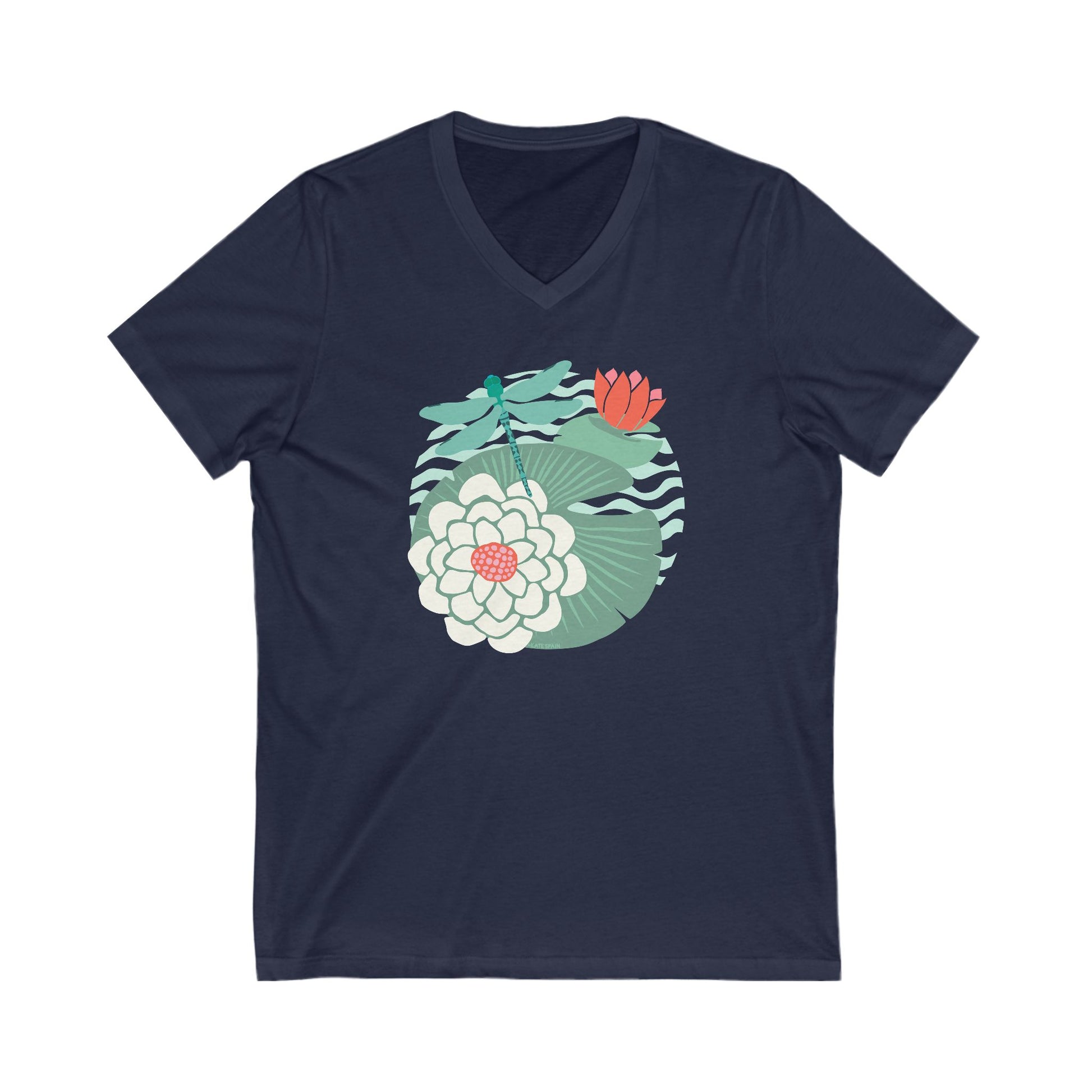 Illustrated dragonfly hovering over a green lily pad with pink and white water lily flowers on a calm pond, printed on a soft navy blue vneck t-shirt.