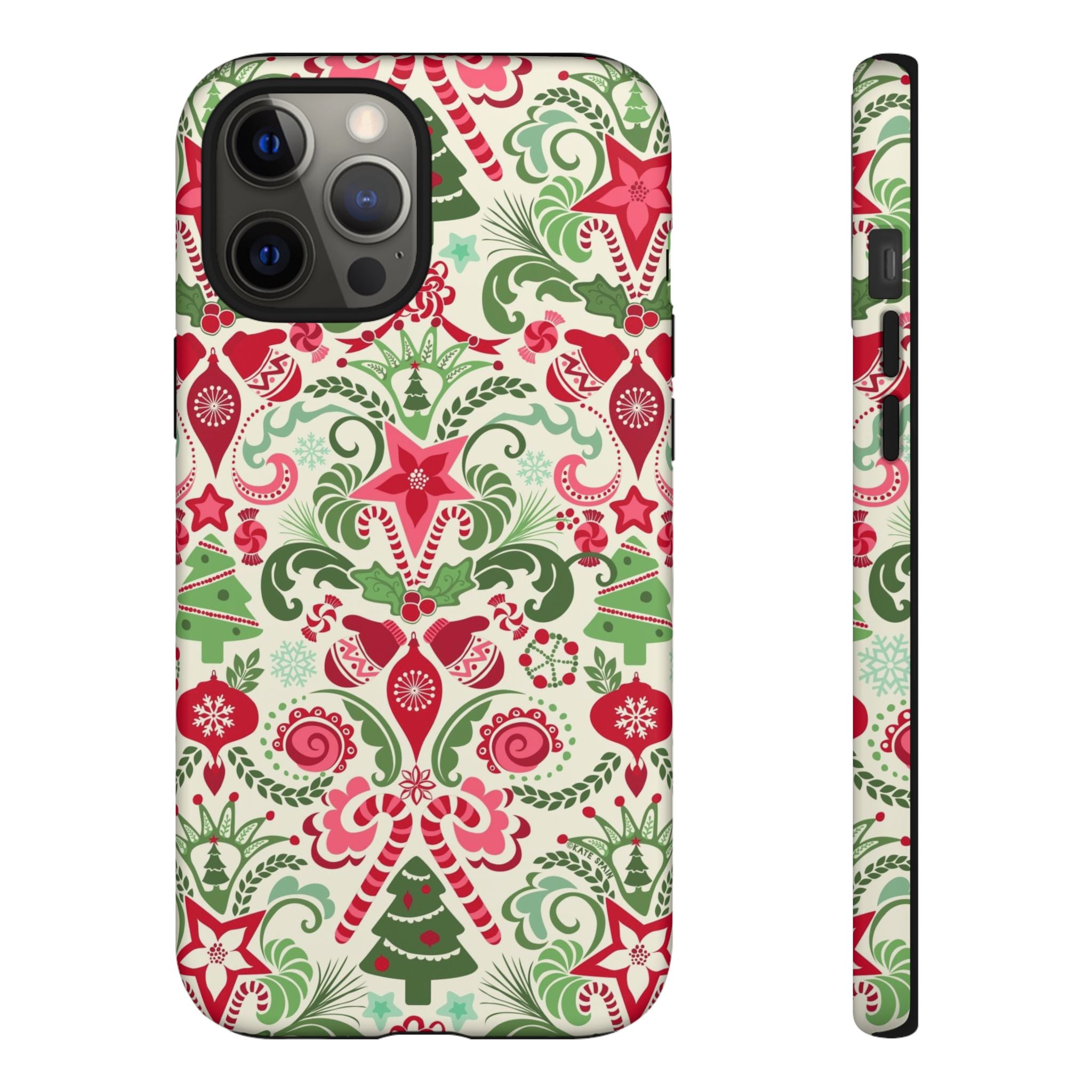 Wonderland Tough iPhone 12 Pro Max Case – Matte | cream, red, green Christmas ornament damask print